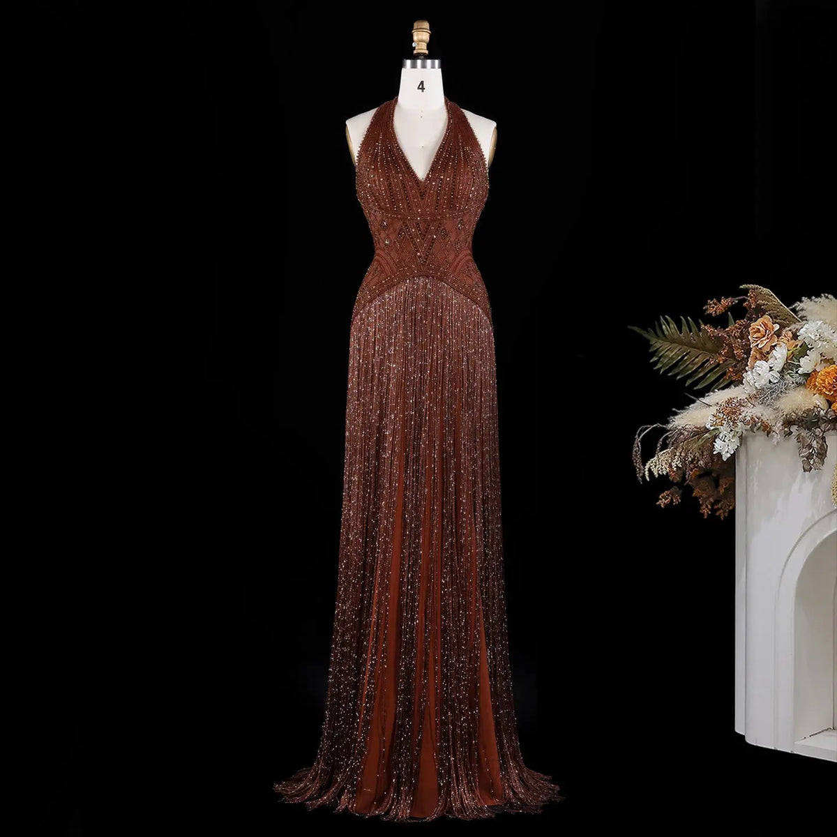 Yellow Beaded Halter Neck Fringe Mermaid Evening Gown with Open Back SS554 Sheer Fairy