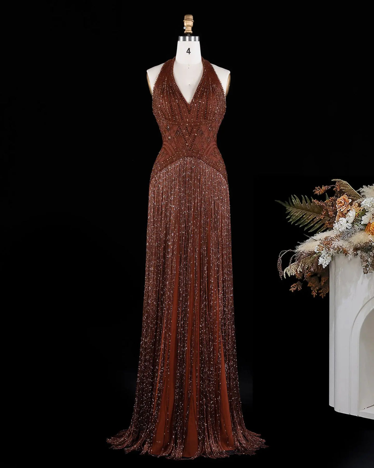 Yellow Beaded Halter Neck Fringe Mermaid Evening Gown with Open Back SS554 Sheer Fairy
