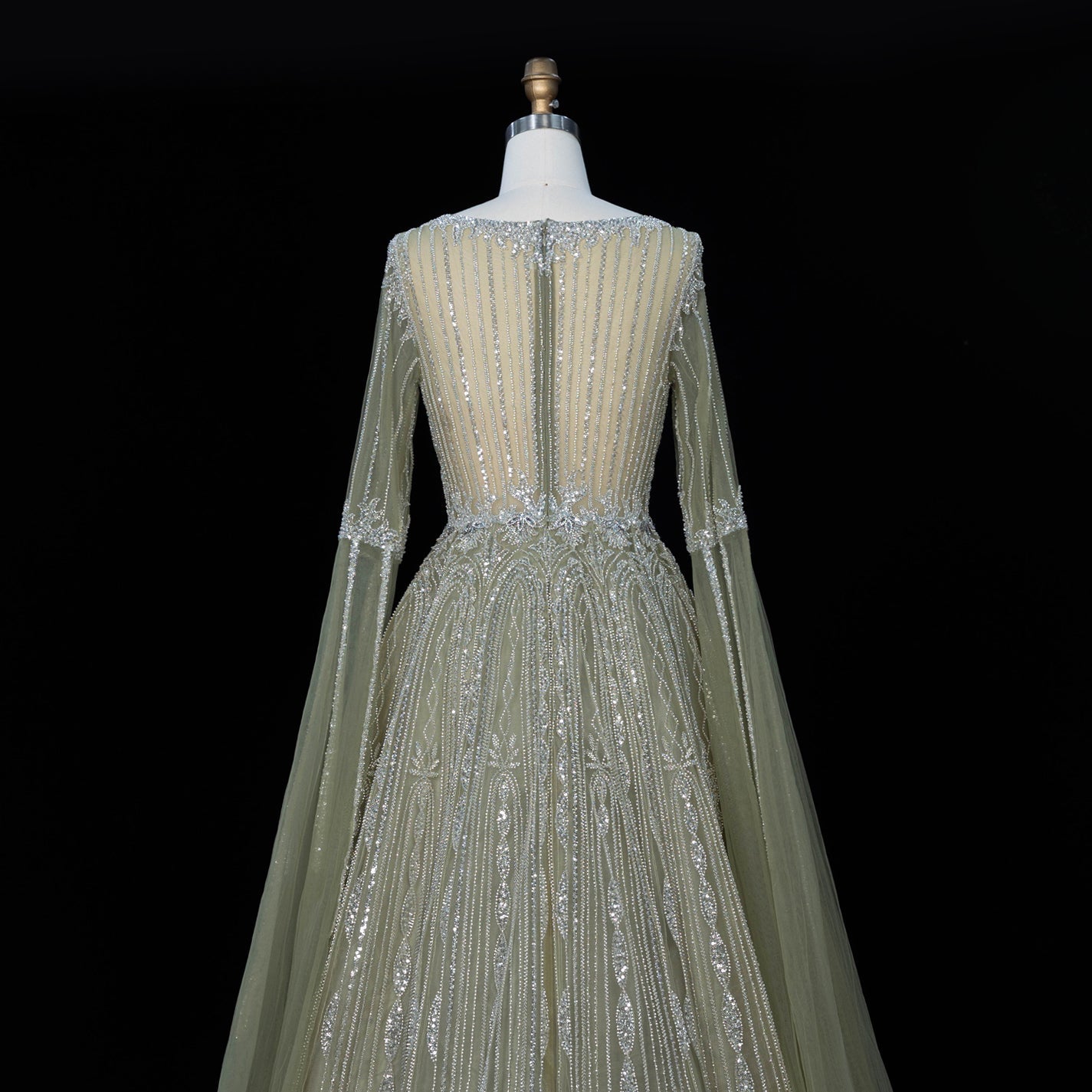 Sparkling Sequined Square Neck Long Sleeve A Line Evening Gown SS065 Sheer Fairy