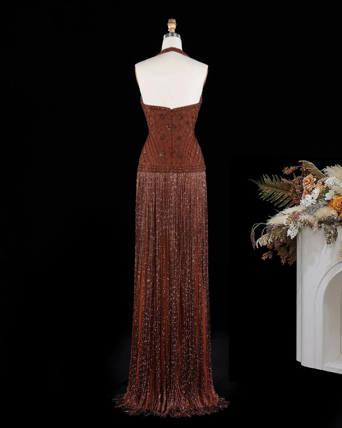 Yellow Beaded Halter Neck Fringe Mermaid Evening Gown with Open Back SS554 Sheer Fairy