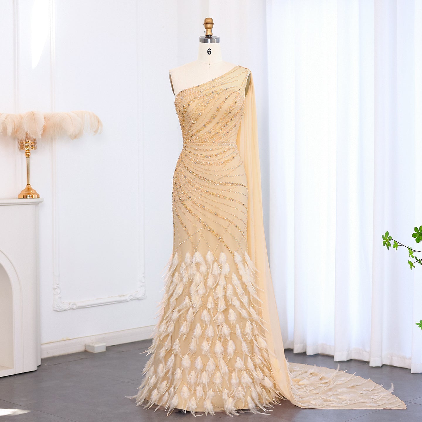 Turquoise One-Shoulder Mermaid Evening Dress with Beading & Feather SS498 Sheer Fairy