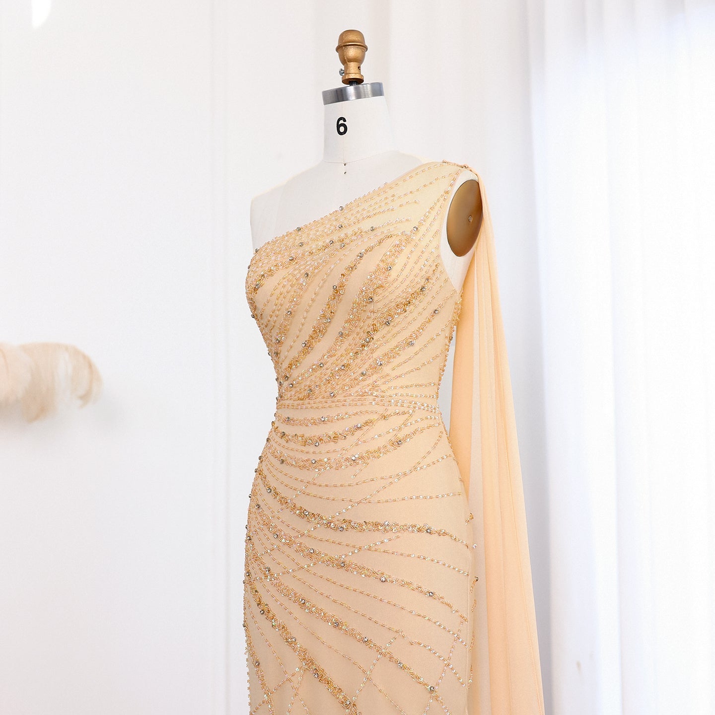 Turquoise One-Shoulder Mermaid Evening Dress with Beading & Feather SS498 Sheer Fairy