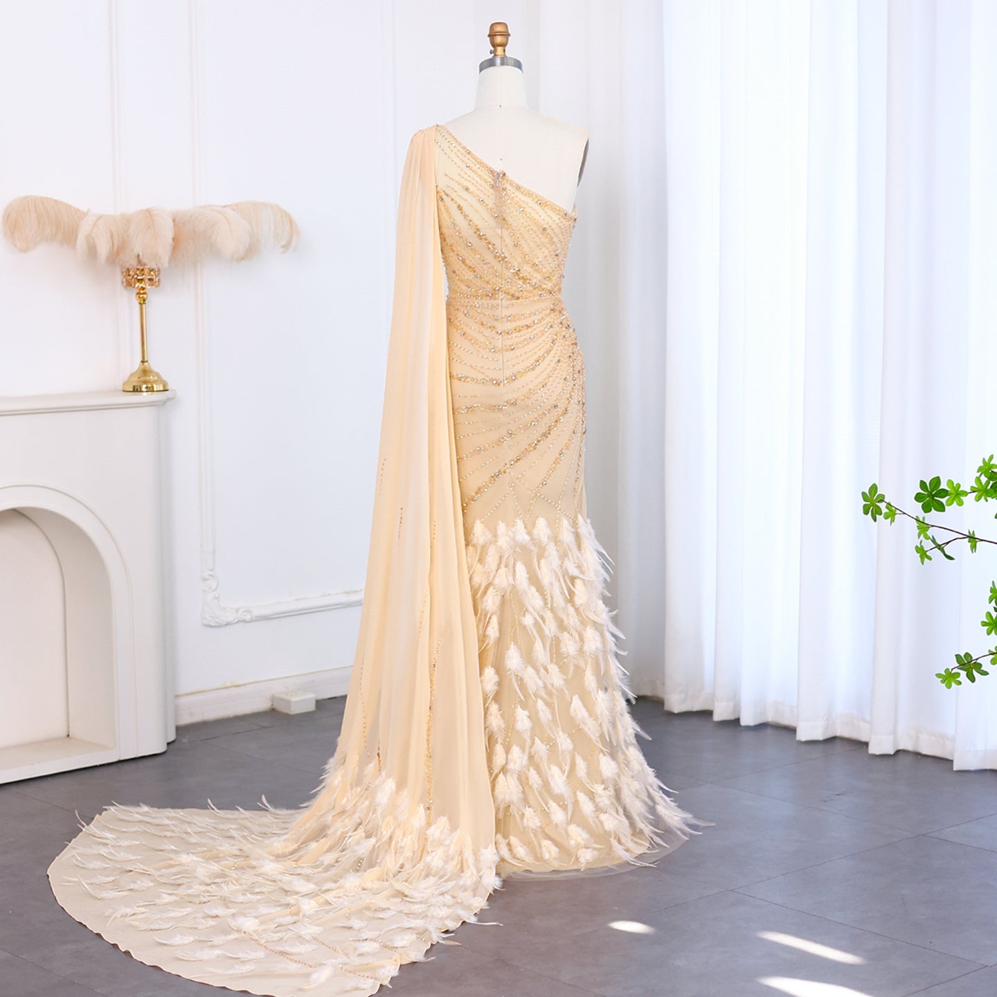Turquoise One-Shoulder Mermaid Evening Dress with Beading & Feather SS498 Sheer Fairy