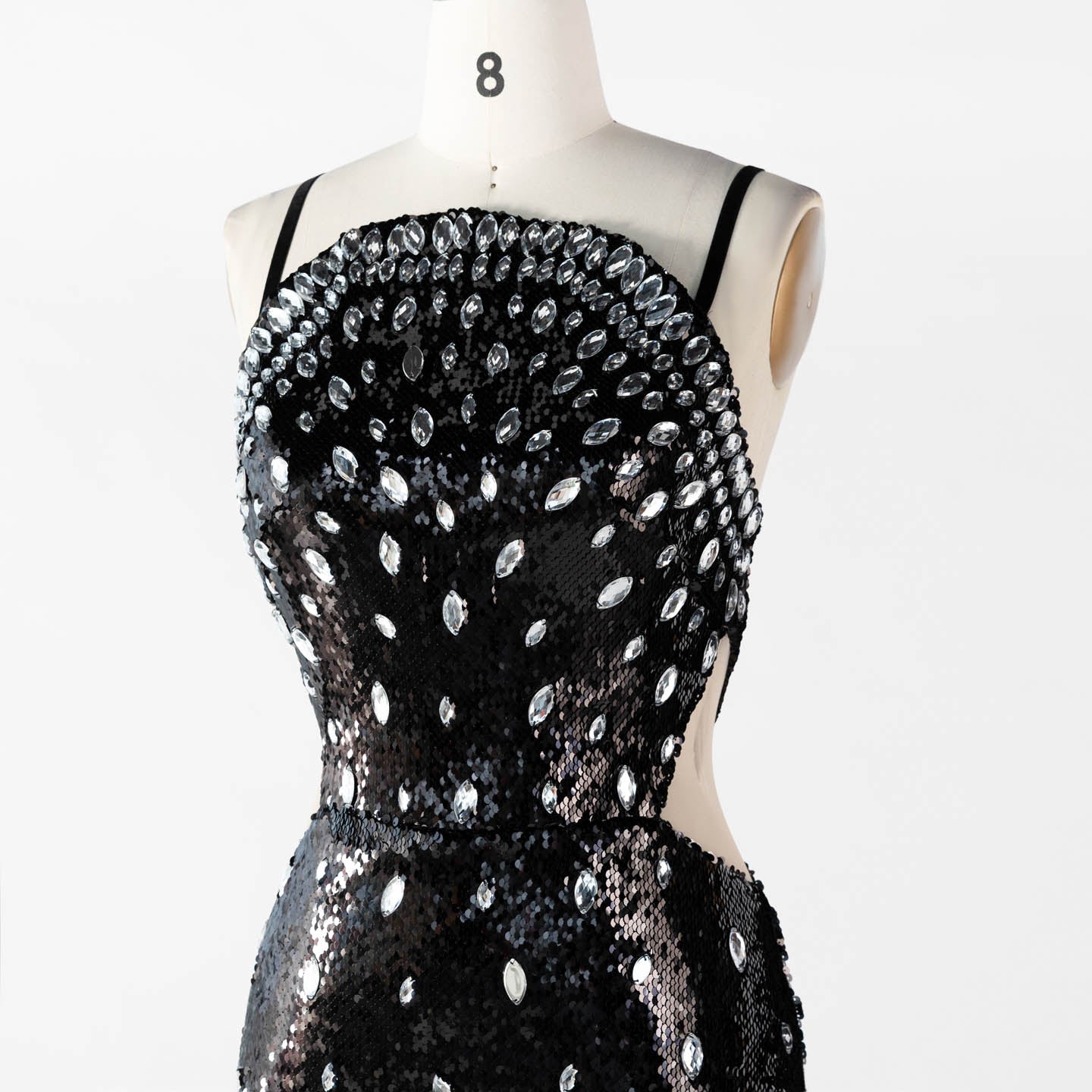 Black Sequin Spaghetti Strap Evening Dress Rhinestone Crystal Embellished Prom Dress ST016 Sheer Fairy