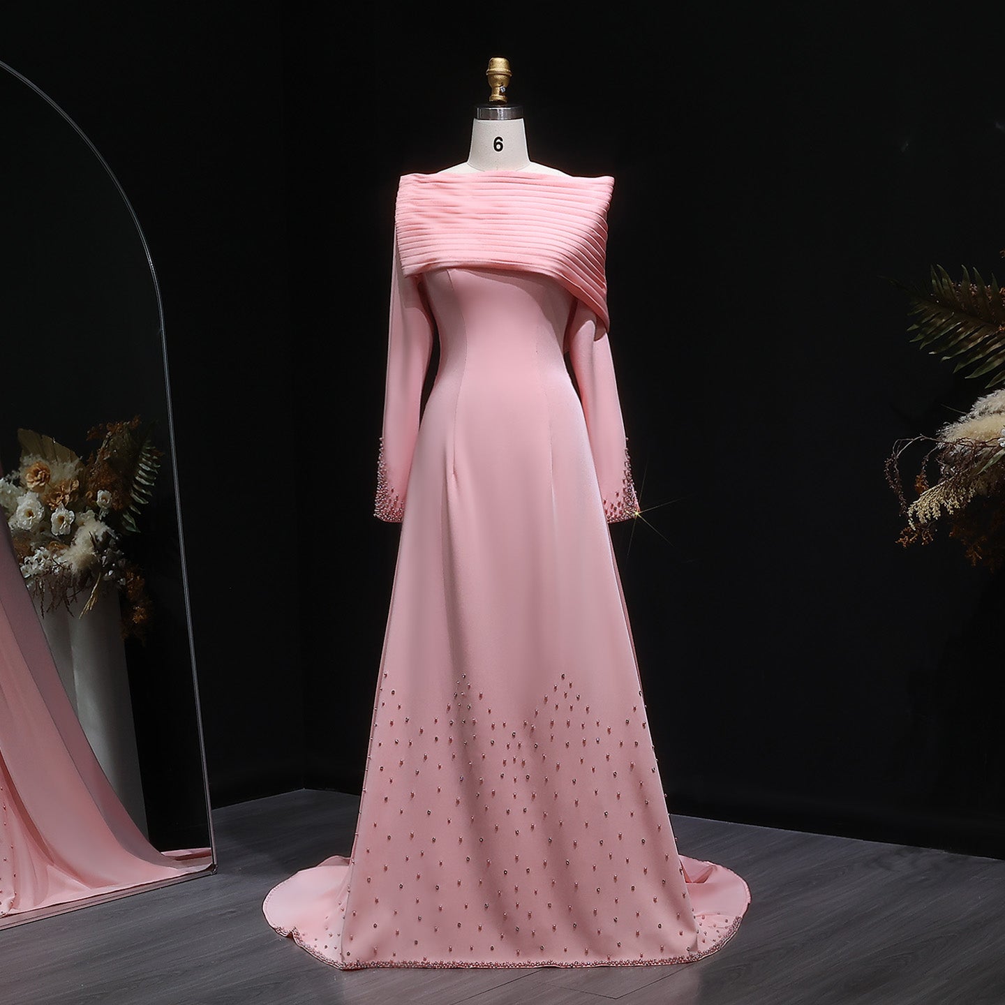Pink Off-Shoulder Satin Beaded Sheath Evening Dress SF288
