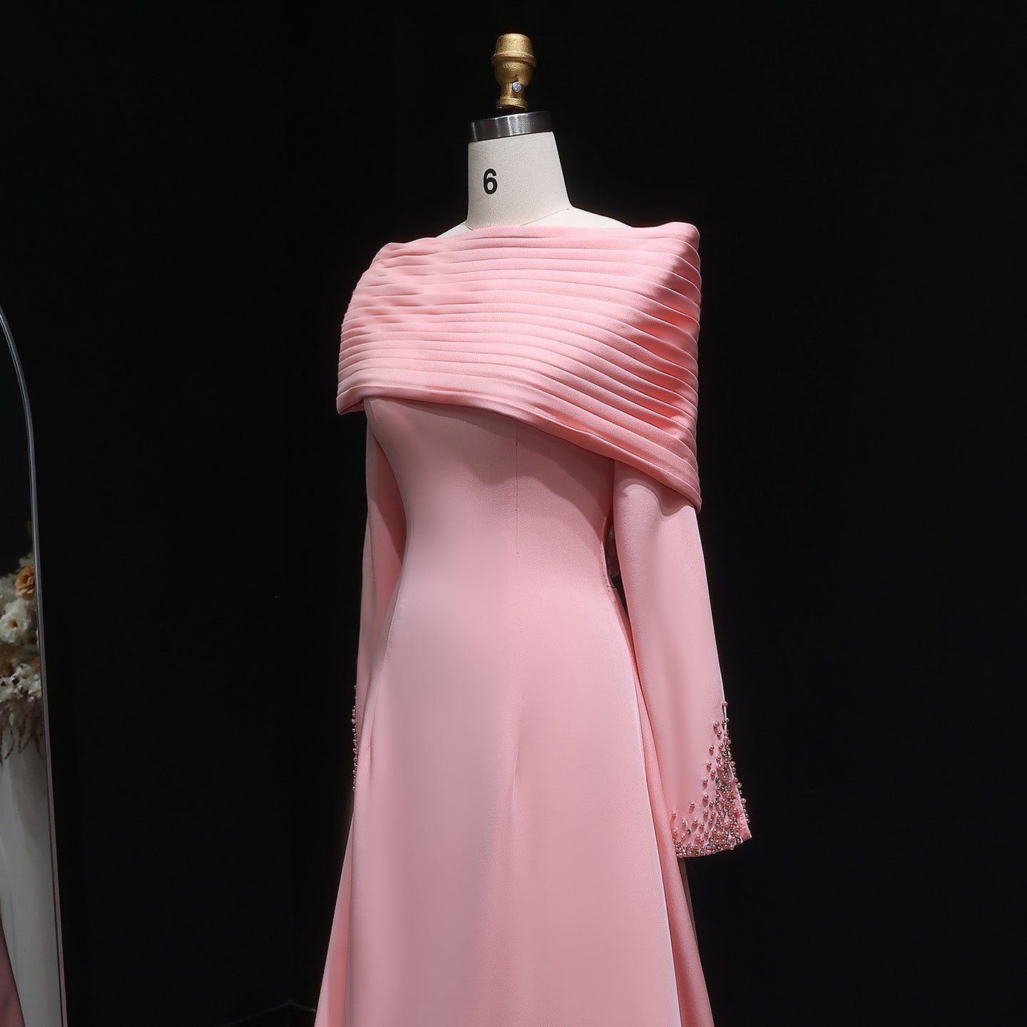 Pink Off-Shoulder Satin Beaded Sheath Evening Dress SF288