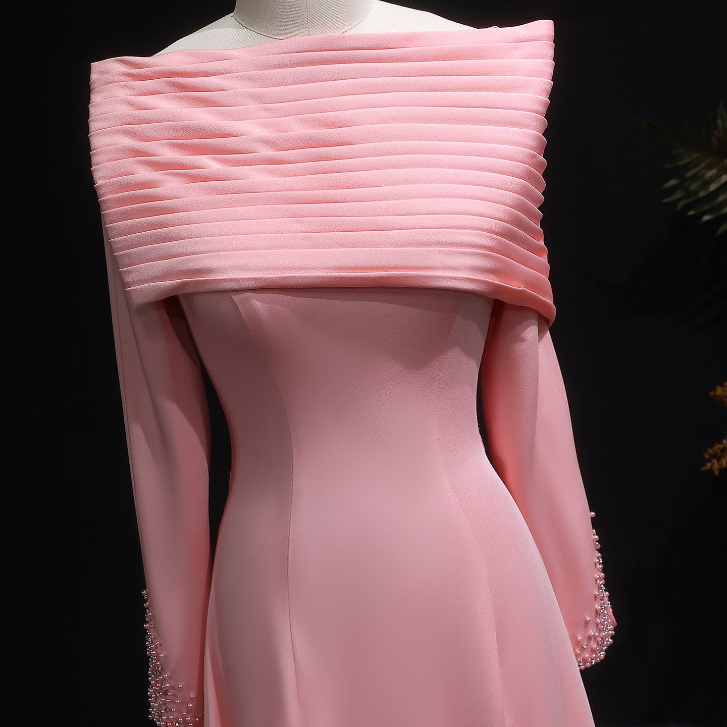 Pink Off-Shoulder Satin Beaded Sheath Evening Dress SF288