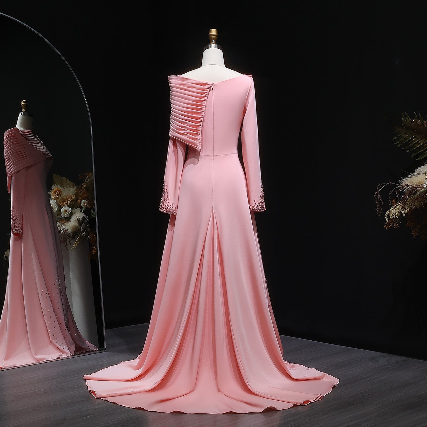 Pink Off-Shoulder Satin Beaded Sheath Evening Dress SF288