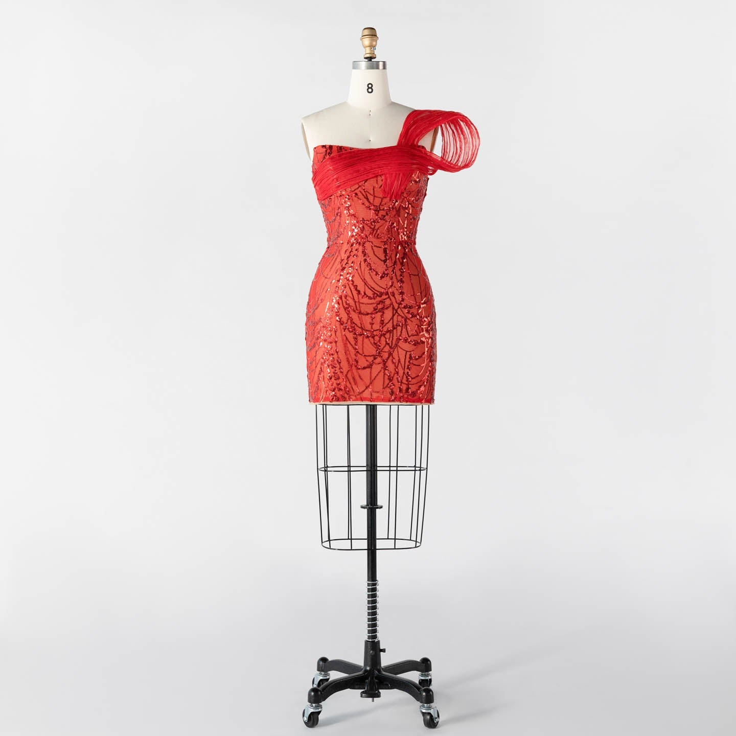 Red Sequin One Shoulder Mini Evening Dress with 3D Sculptural Wave Detail ST015 Sheer Fairy