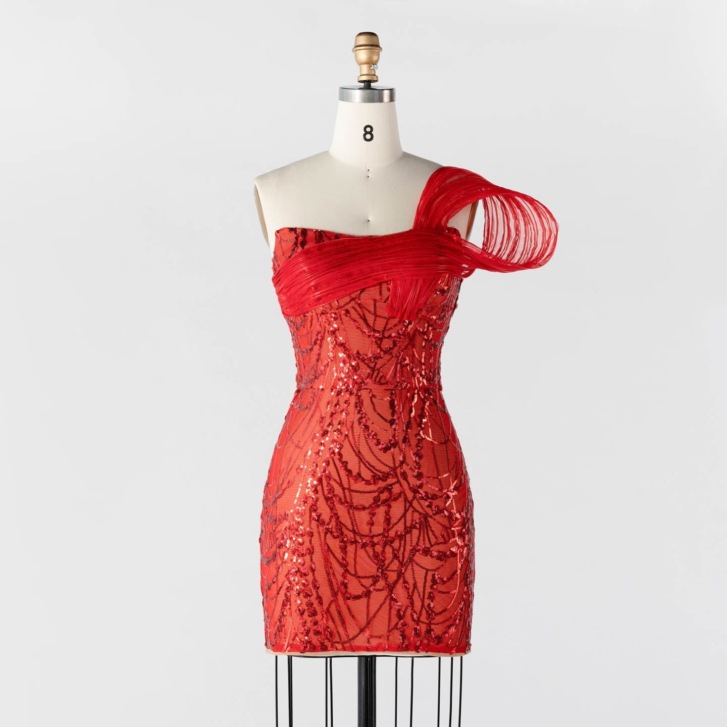 Red Sequin One Shoulder Mini Evening Dress with 3D Sculptural Wave Detail ST015 Sheer Fairy