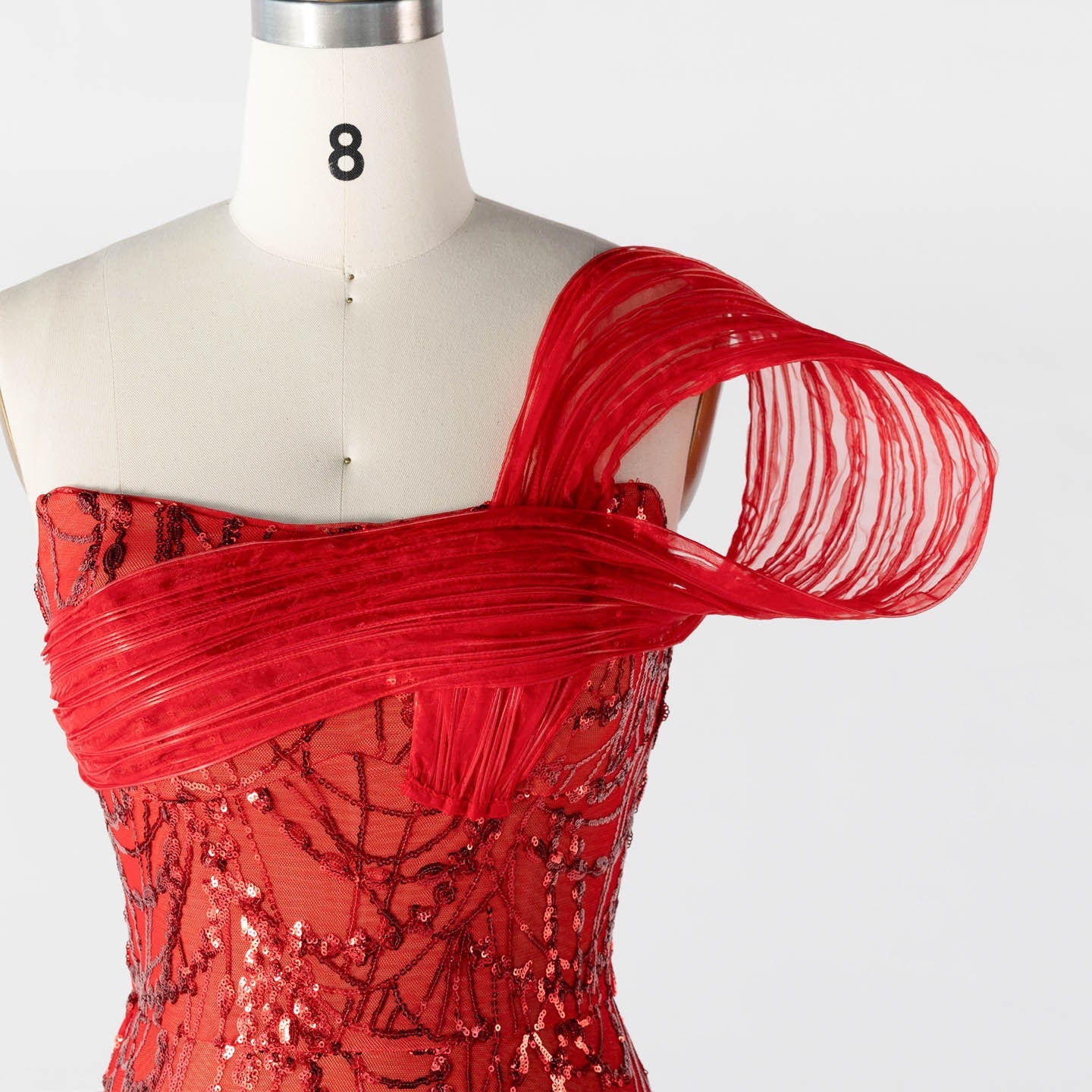 Red Sequin One Shoulder Mini Evening Dress with 3D Sculptural Wave Detail ST015 Sheer Fairy