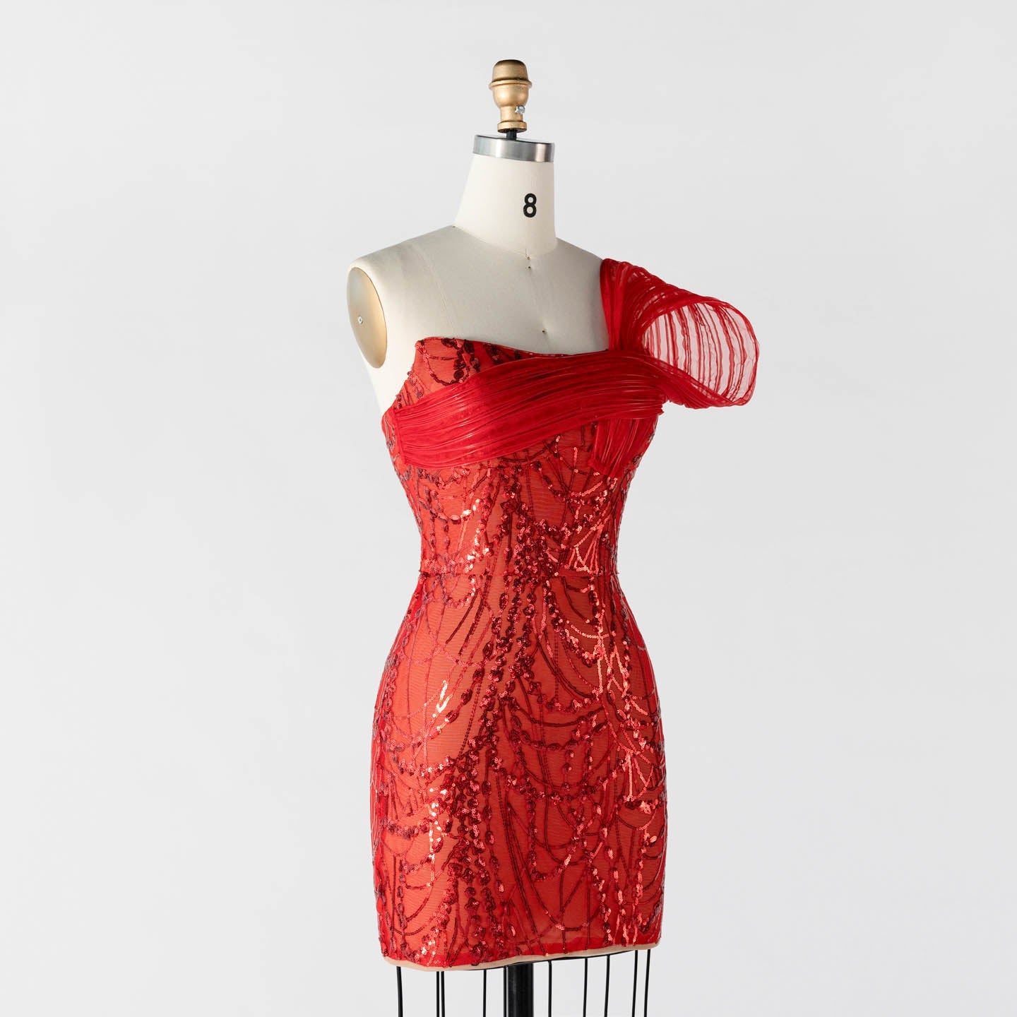 Red Sequin One Shoulder Mini Evening Dress with 3D Sculptural Wave Detail ST015 Sheer Fairy