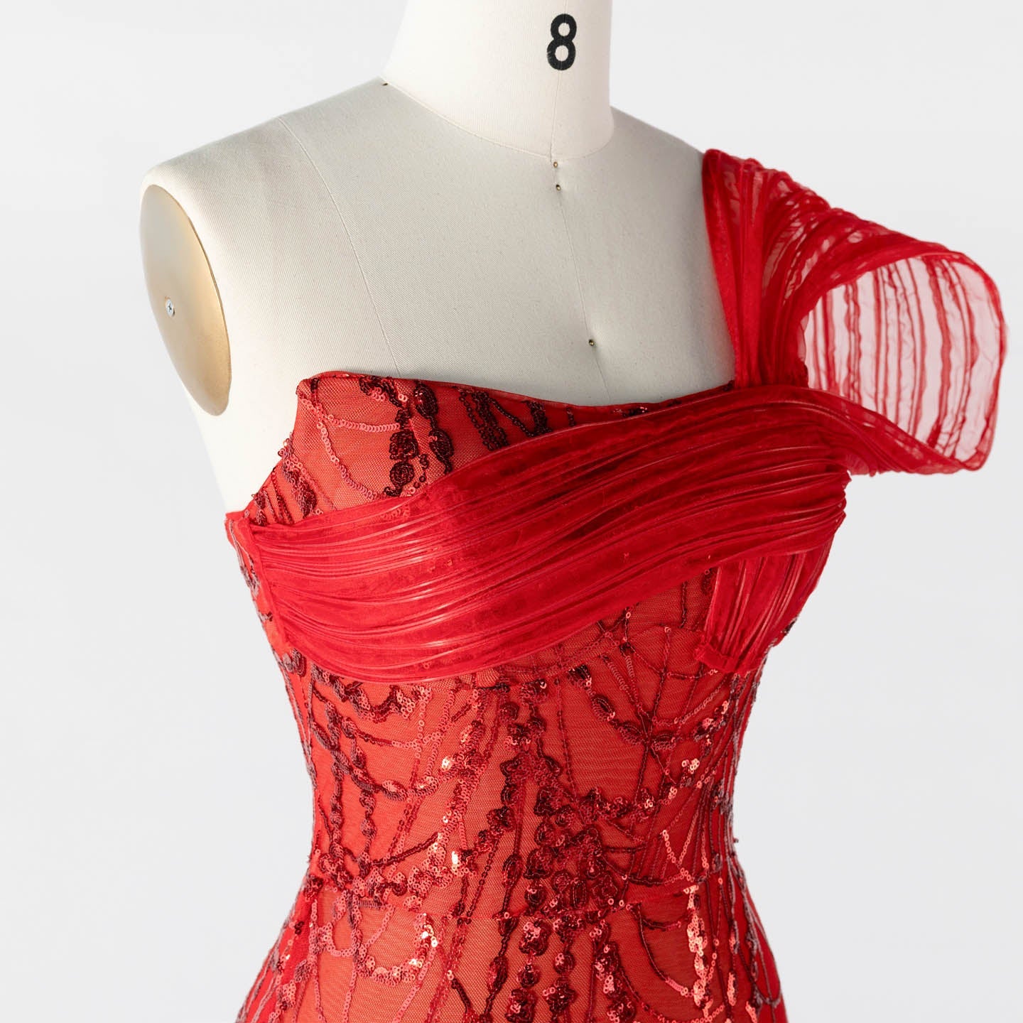 Red Sequin One Shoulder Mini Evening Dress with 3D Sculptural Wave Detail ST015 Sheer Fairy