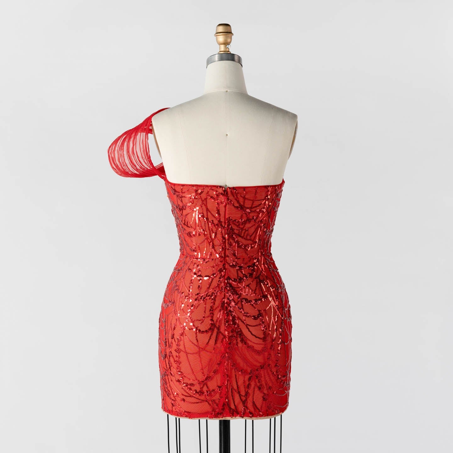 Red Sequin One Shoulder Mini Evening Dress with 3D Sculptural Wave Detail ST015 Sheer Fairy