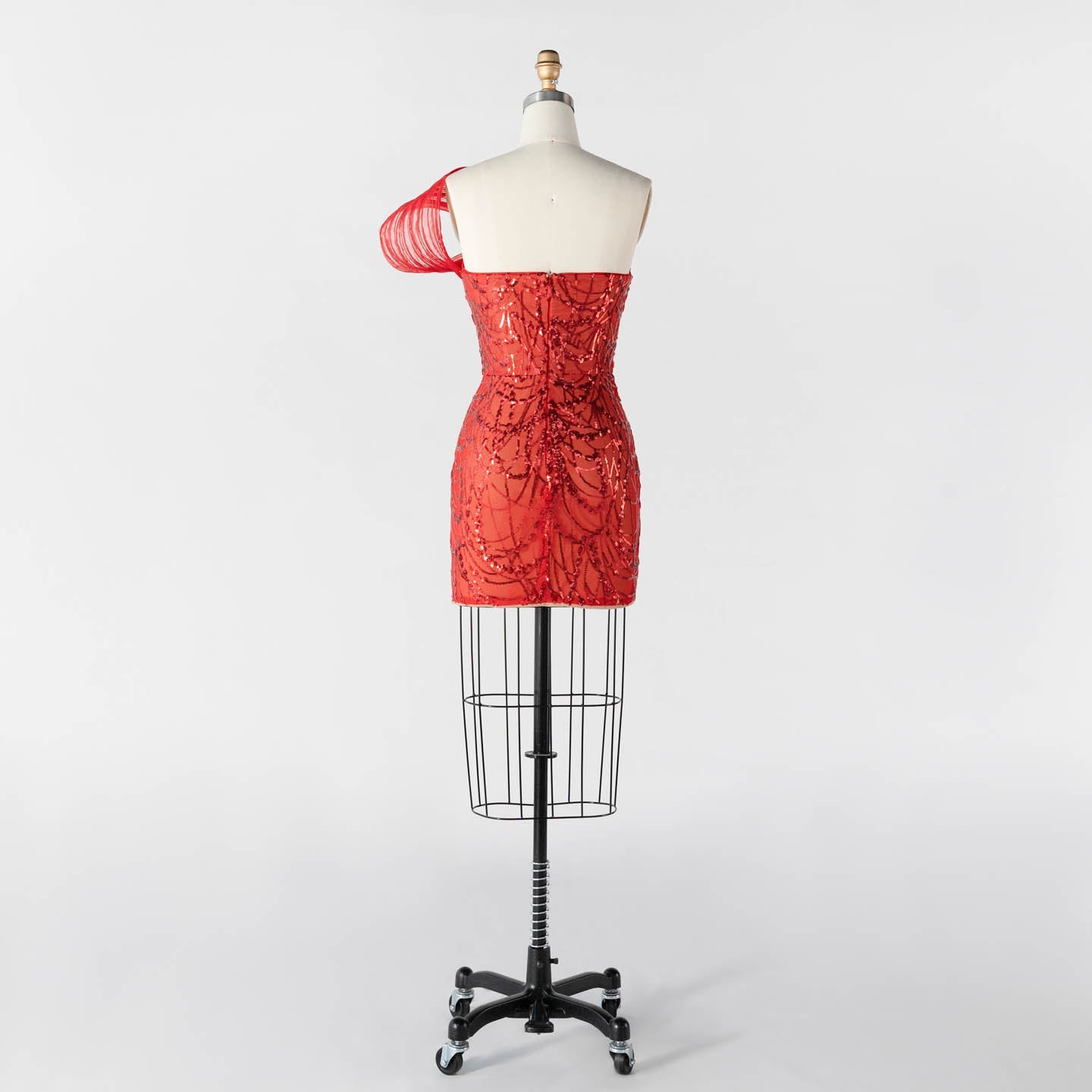 Red Sequin One Shoulder Mini Evening Dress with 3D Sculptural Wave Detail ST015 Sheer Fairy