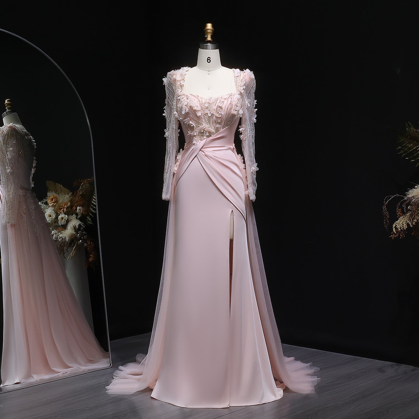 Pink 3D Floral Square Neck Sheath Long Sleeves Evening Dress SF384