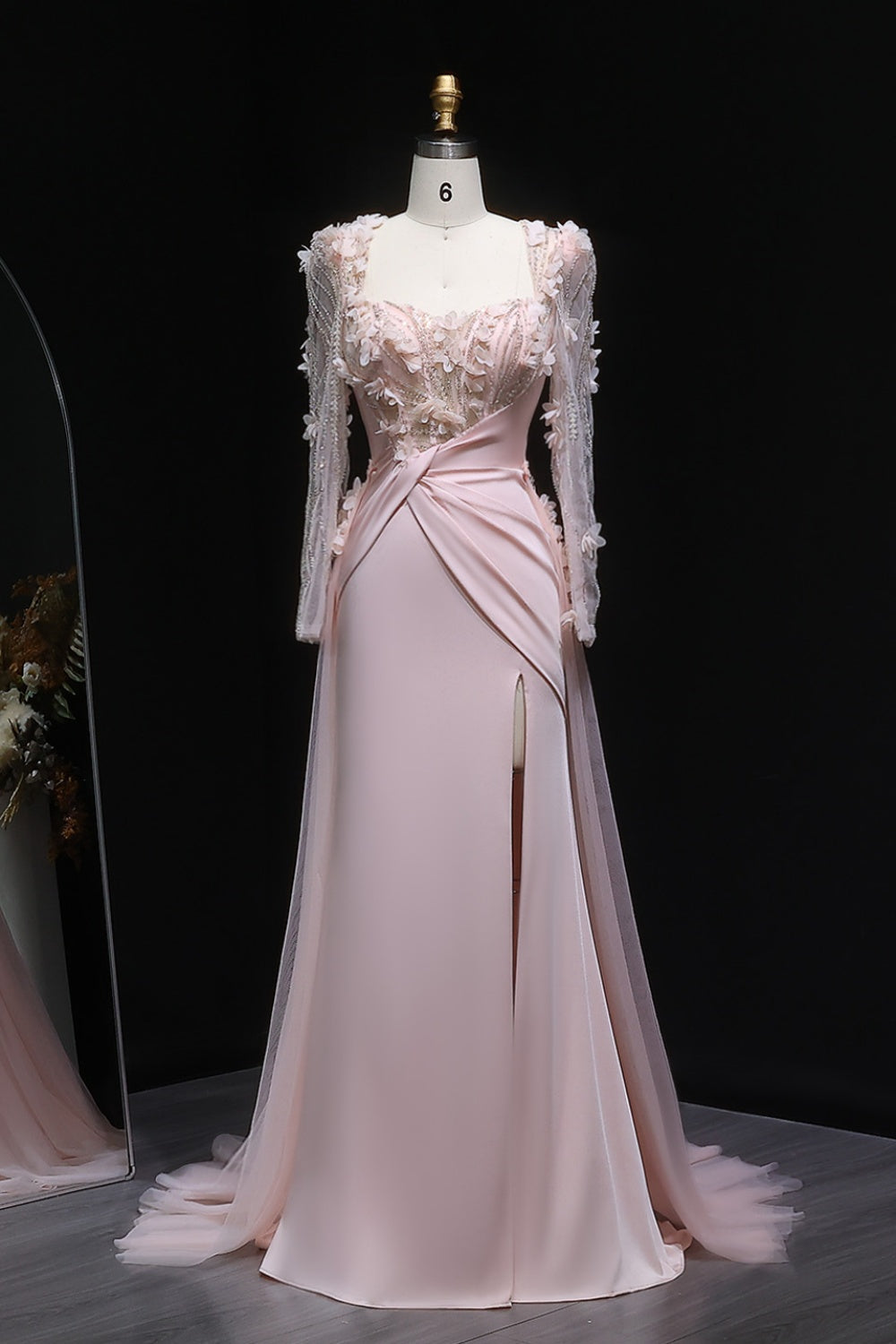 Pink 3D Floral Square Neck Sheath Long Sleeves Evening Dress SF384 Sheer Fairy