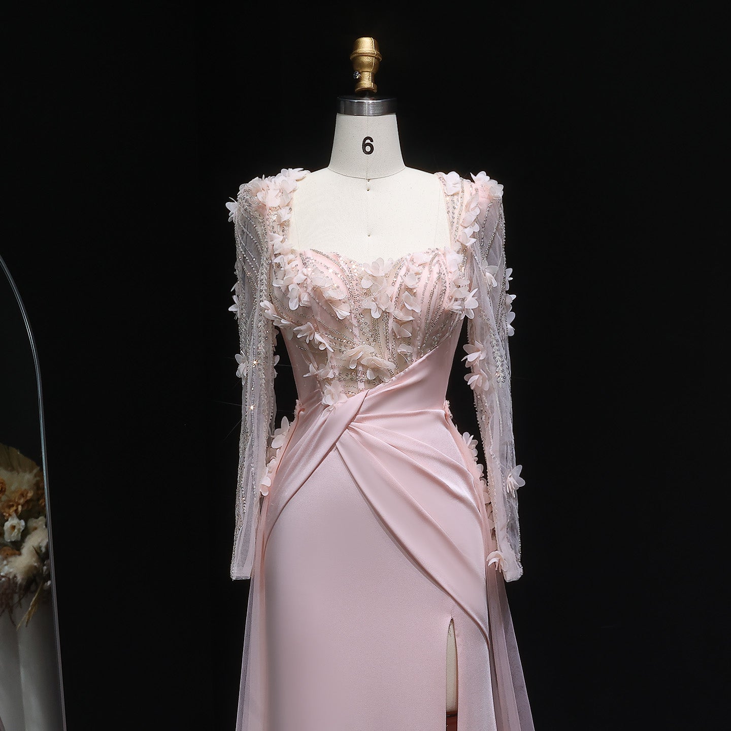 Pink 3D Floral Square Neck Sheath Long Sleeves Evening Dress SF384