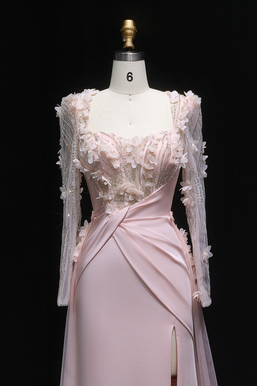 Pink 3D Floral Square Neck Sheath Long Sleeves Evening Dress SF384 Sheer Fairy