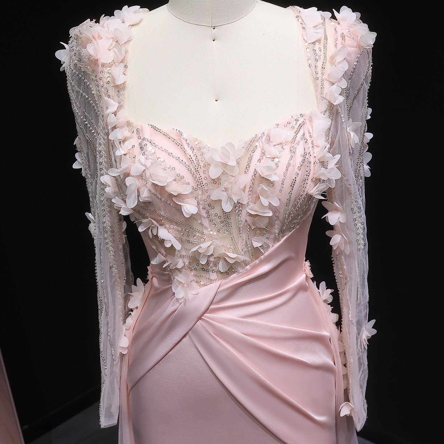 Pink 3D Floral Square Neck Sheath Long Sleeves Evening Dress SF384