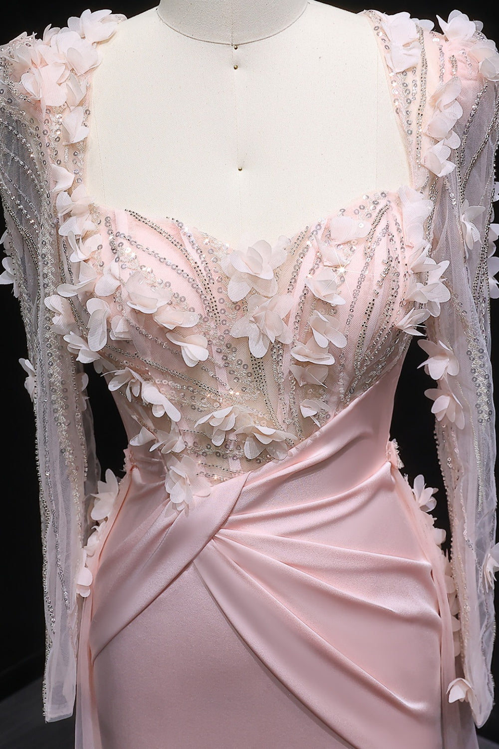 Pink 3D Floral Square Neck Sheath Long Sleeves Evening Dress SF384 Sheer Fairy