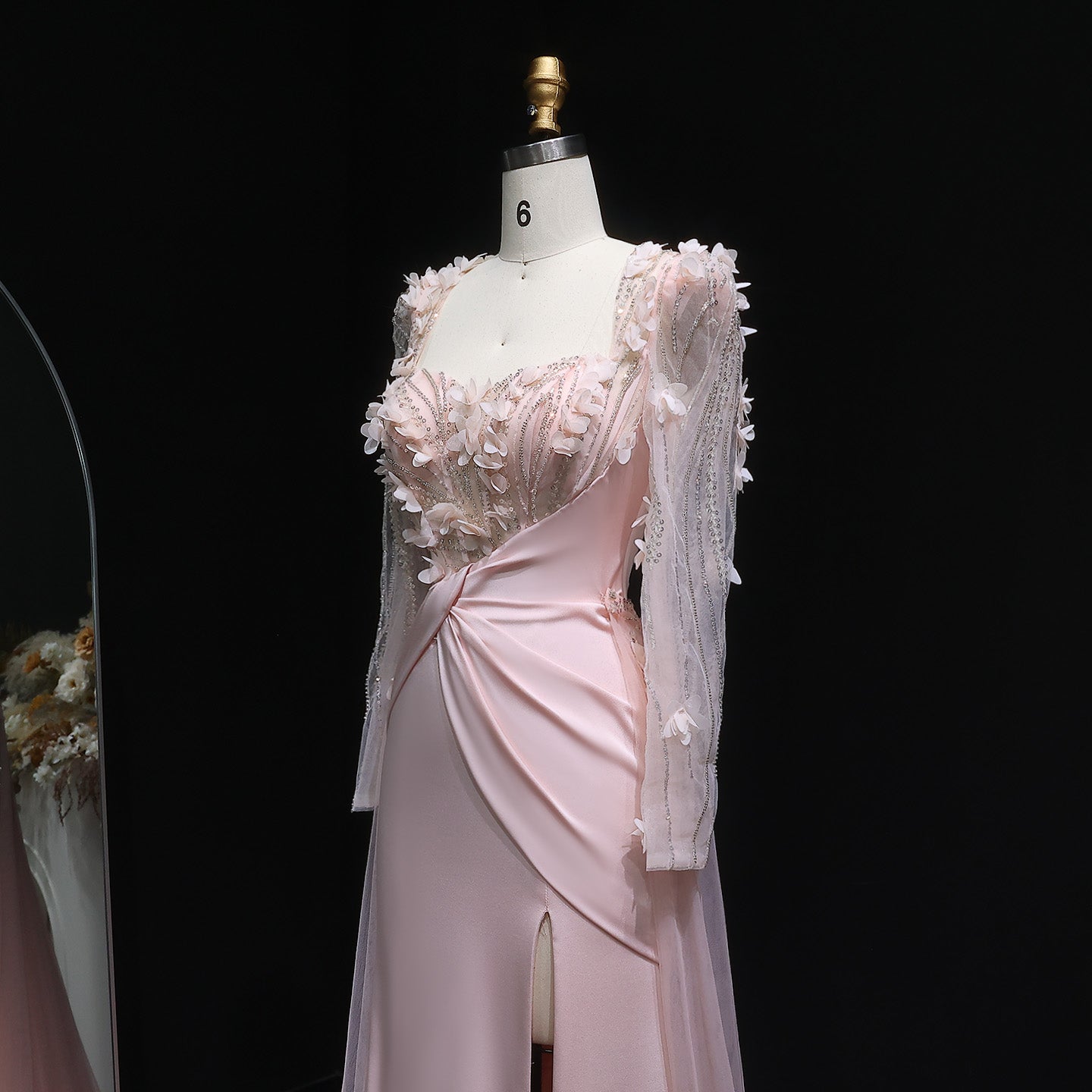 Pink 3D Floral Square Neck Sheath Long Sleeves Evening Dress SF384