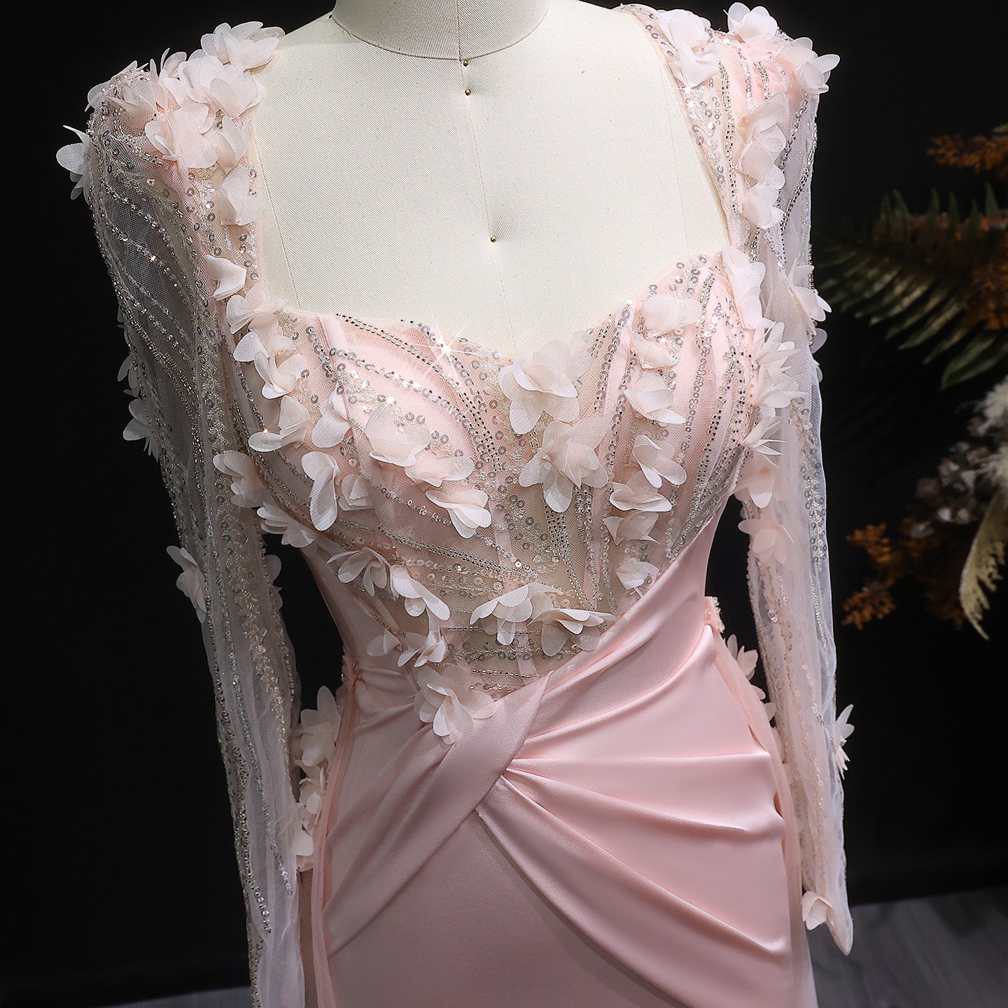 Pink 3D Floral Square Neck Sheath Long Sleeves Evening Dress SF384