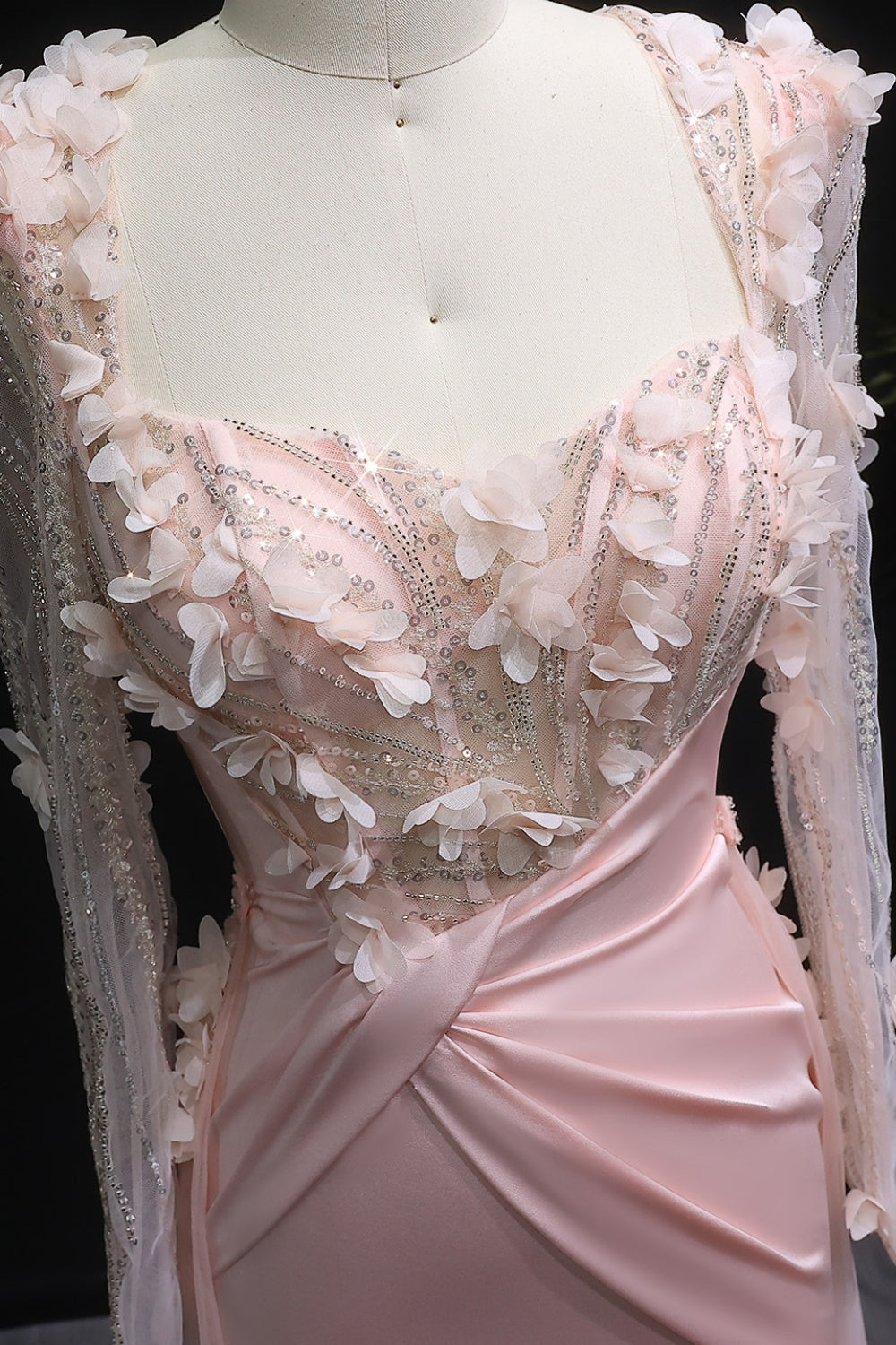 Pink 3D Floral Square Neck Sheath Long Sleeves Evening Dress SF384 Sheer Fairy