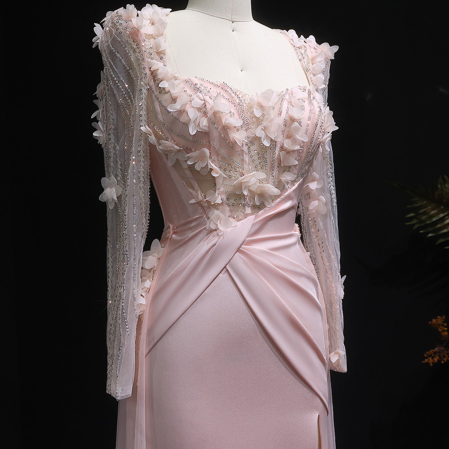 Pink 3D Floral Square Neck Sheath Long Sleeves Evening Dress SF384