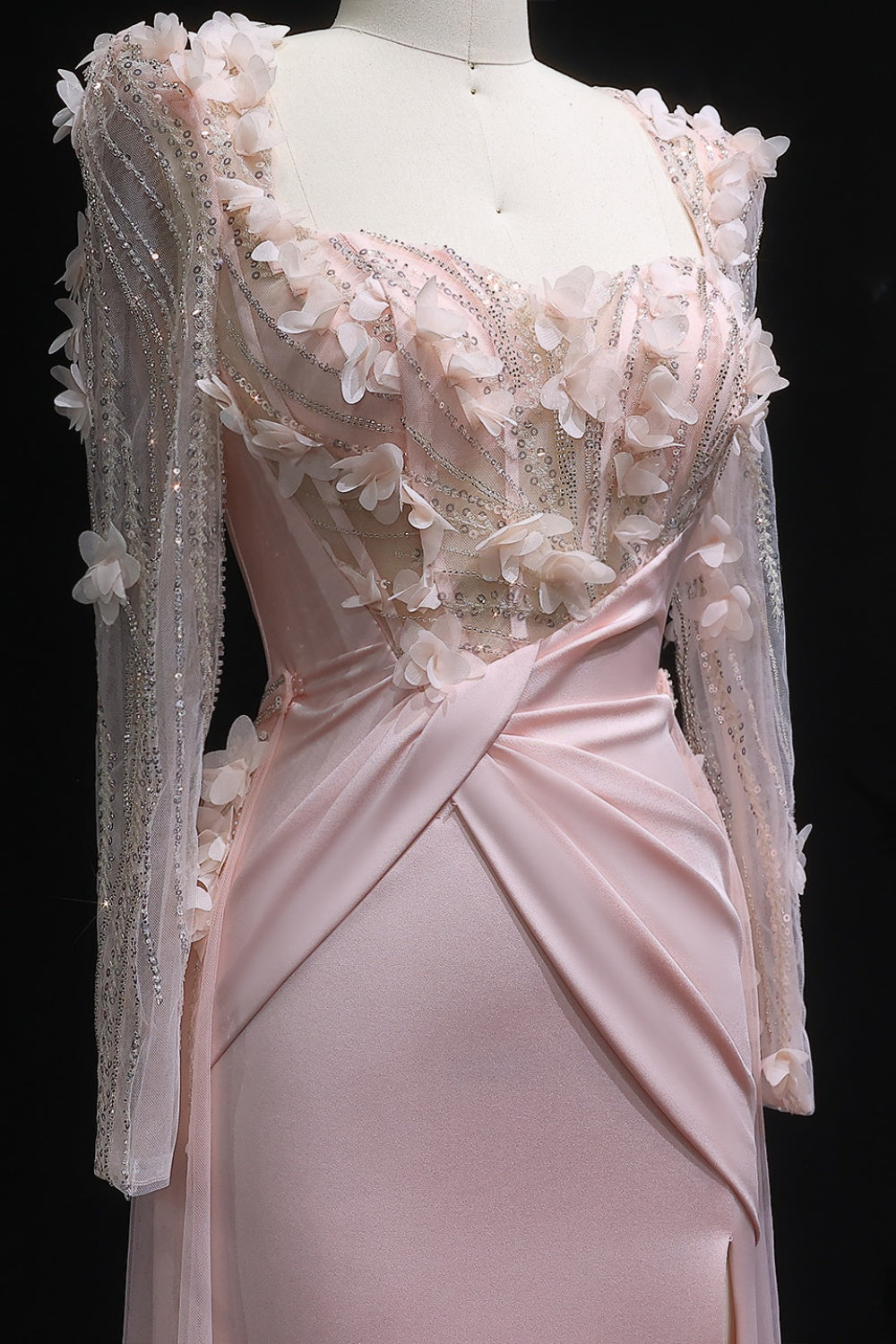 Pink 3D Floral Square Neck Sheath Long Sleeves Evening Dress SF384 Sheer Fairy