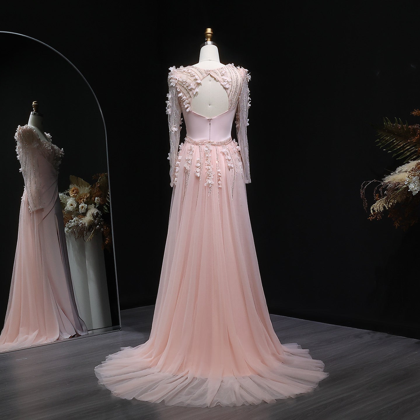 Pink 3D Floral Square Neck Sheath Long Sleeves Evening Dress SF384