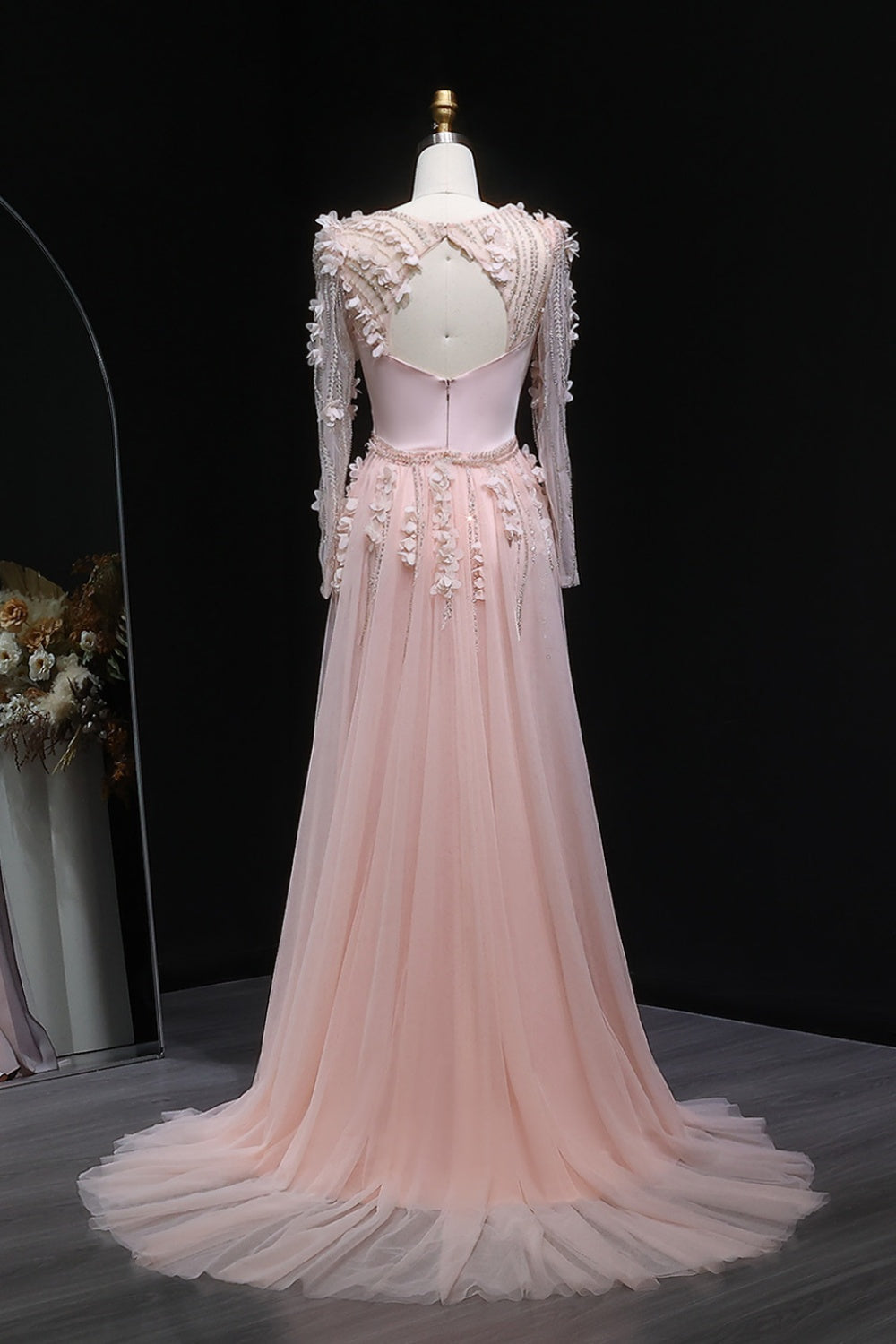 Pink 3D Floral Square Neck Sheath Long Sleeves Evening Dress SF384 Sheer Fairy