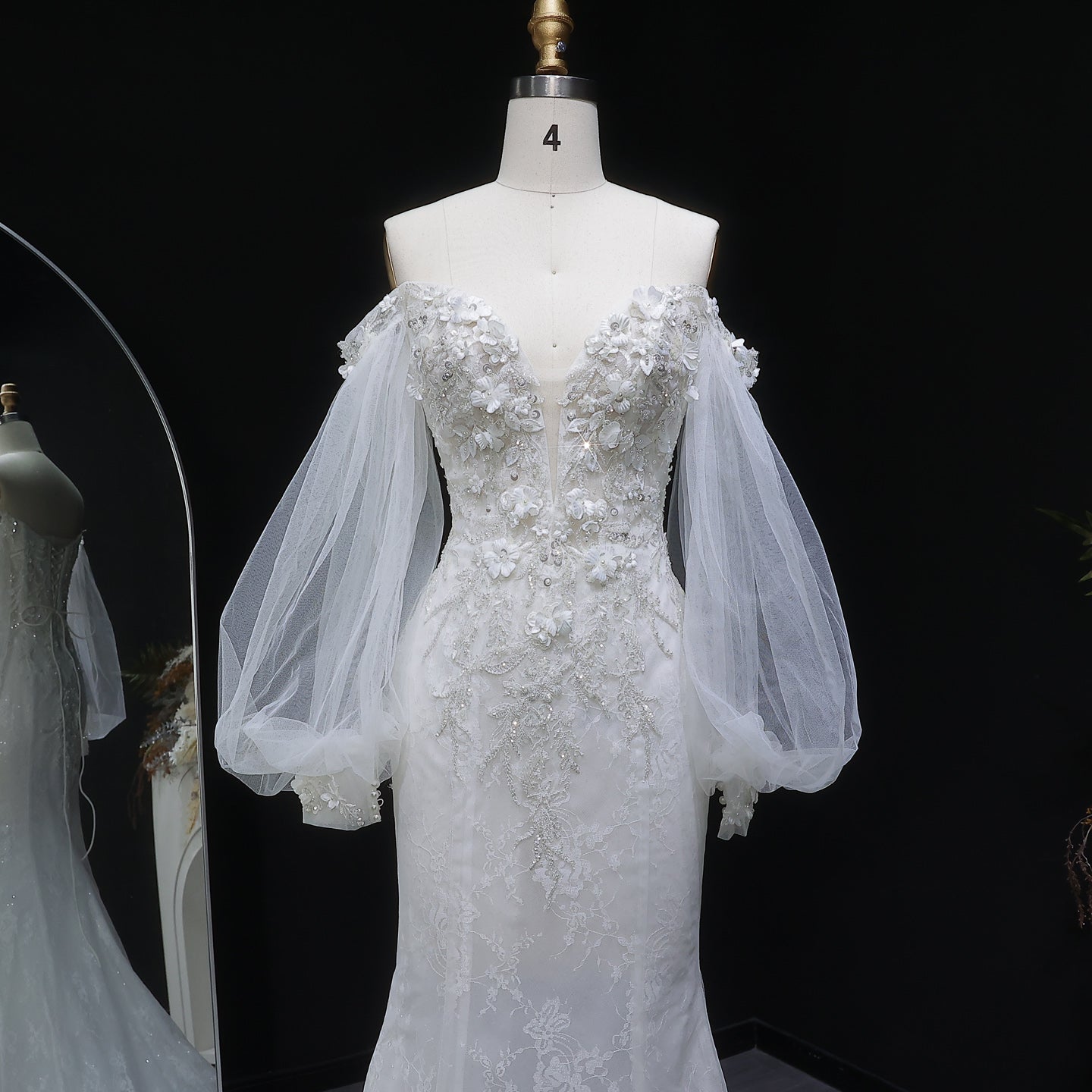 White Sweetheart Tulle Puff Sleeve 3D Flower Long Mermaid Wedding Gown SW630 Sheer Fairy