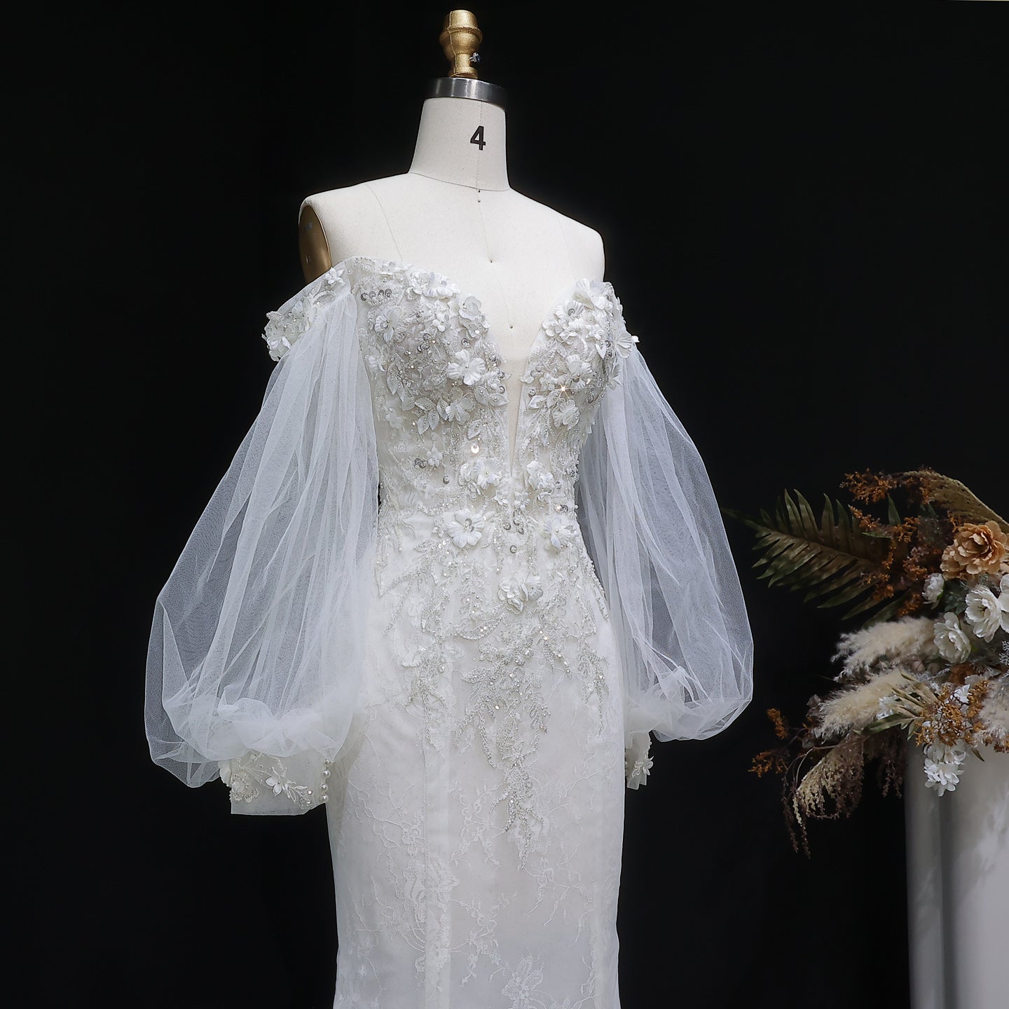 White Sweetheart Tulle Puff Sleeve 3D Flower Long Mermaid Wedding Gown SW630 Sheer Fairy