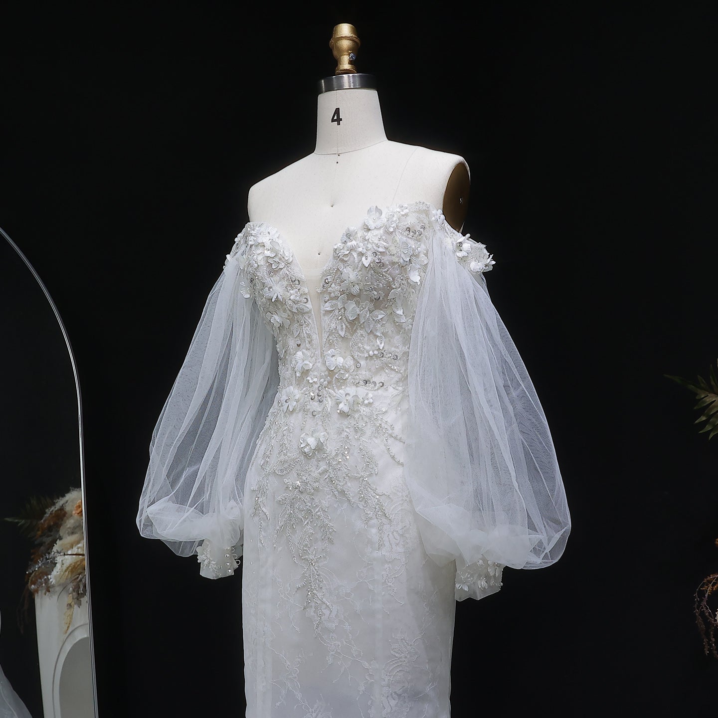 White Sweetheart Tulle Puff Sleeve 3D Flower Long Mermaid Wedding Gown SW630 Sheer Fairy