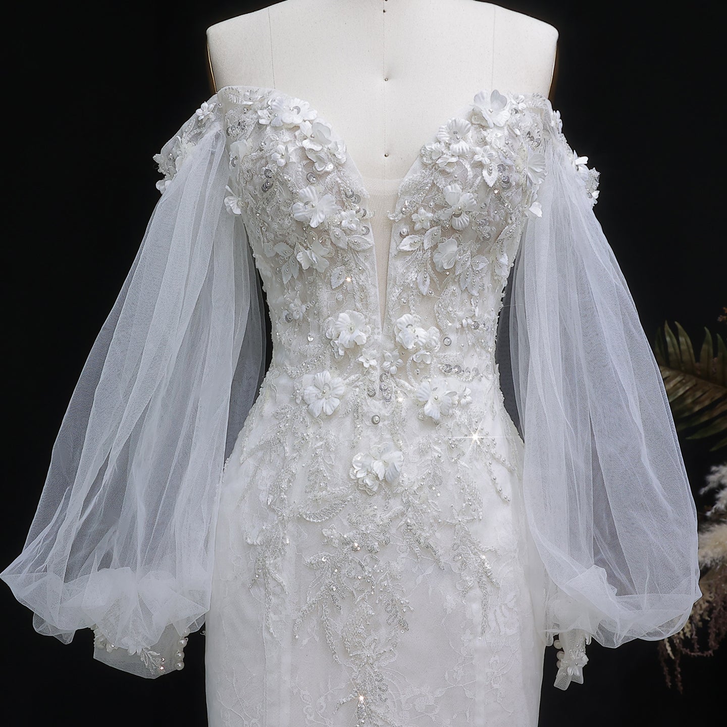 White Sweetheart Tulle Puff Sleeve 3D Flower Long Mermaid Wedding Gown SW630 Sheer Fairy