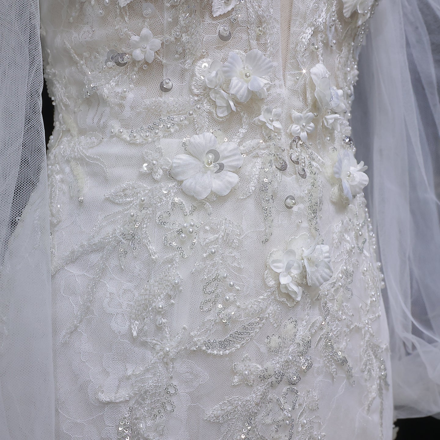 White Sweetheart Tulle Puff Sleeve 3D Flower Long Mermaid Wedding Gown SW630 Sheer Fairy