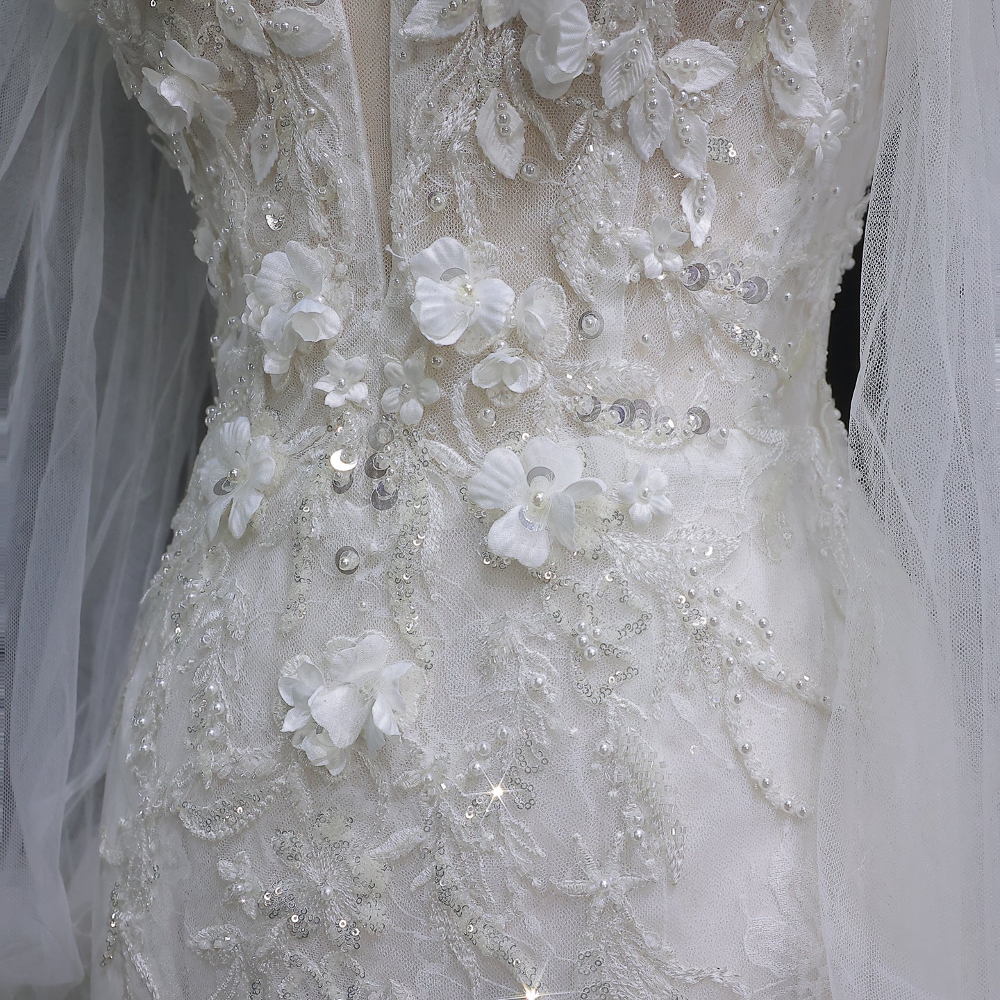 White Sweetheart Tulle Puff Sleeve 3D Flower Long Mermaid Wedding Gown SW630 Sheer Fairy