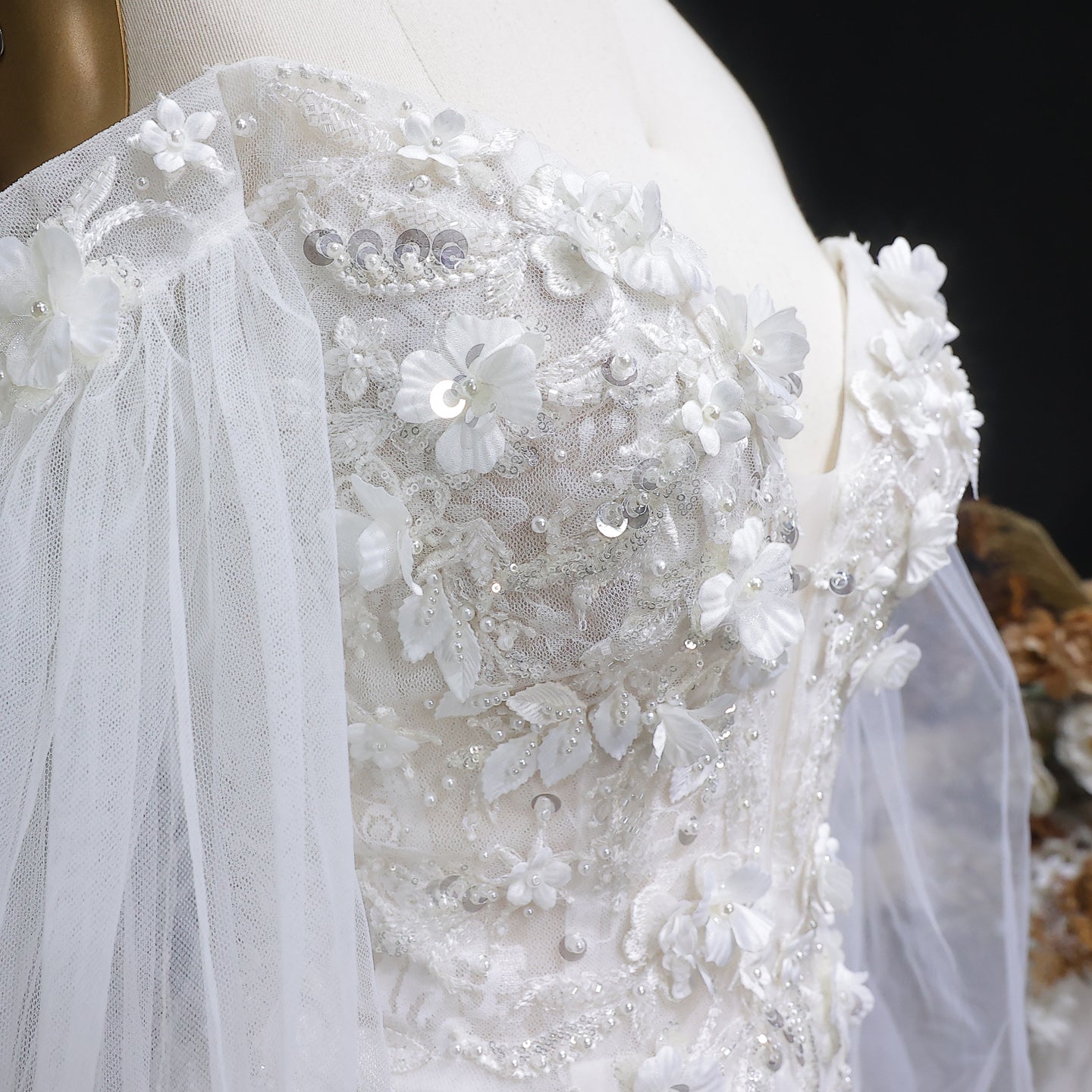 White Sweetheart Tulle Puff Sleeve 3D Flower Long Mermaid Wedding Gown SW630 Sheer Fairy