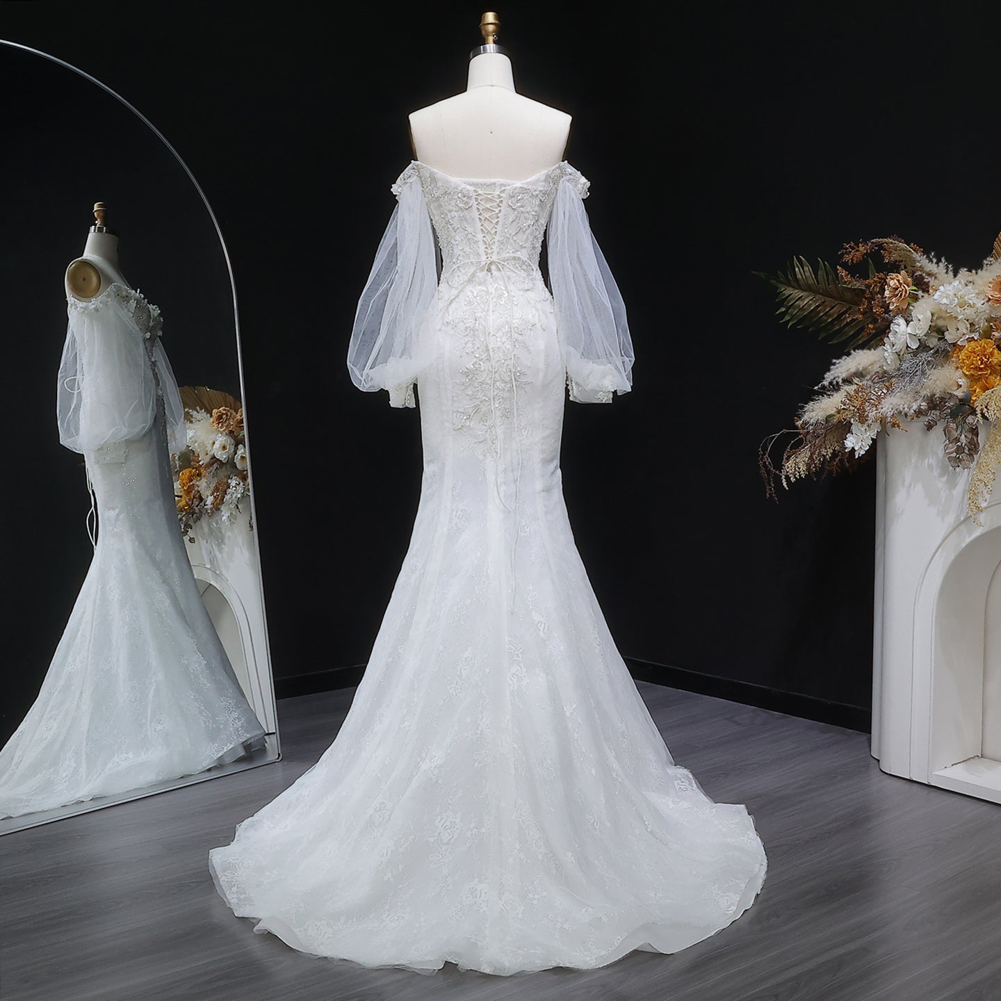 White Sweetheart Tulle Puff Sleeve 3D Flower Long Mermaid Wedding Gown SW630 Sheer Fairy
