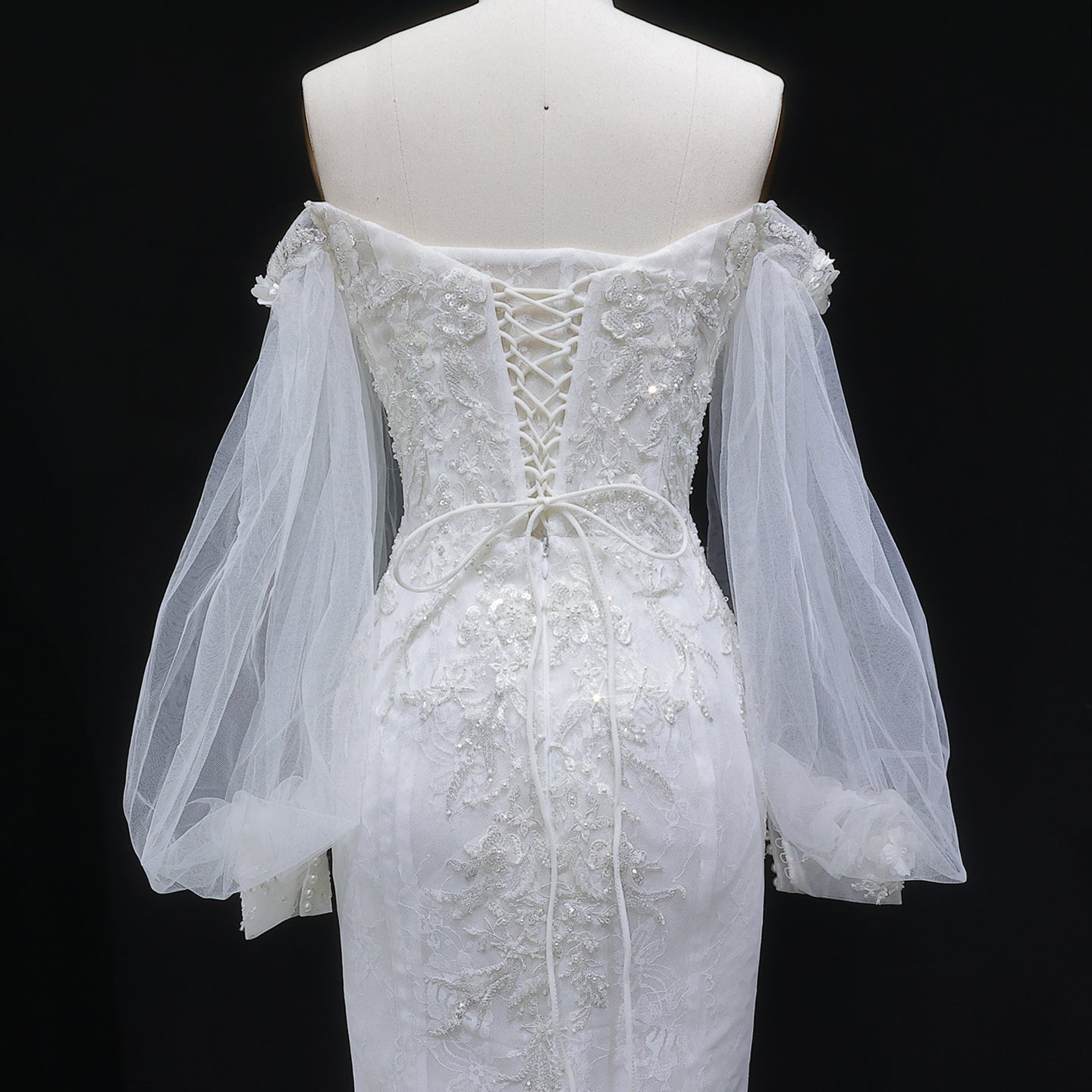 White Sweetheart Tulle Puff Sleeve 3D Flower Long Mermaid Wedding Gown SW630 Sheer Fairy