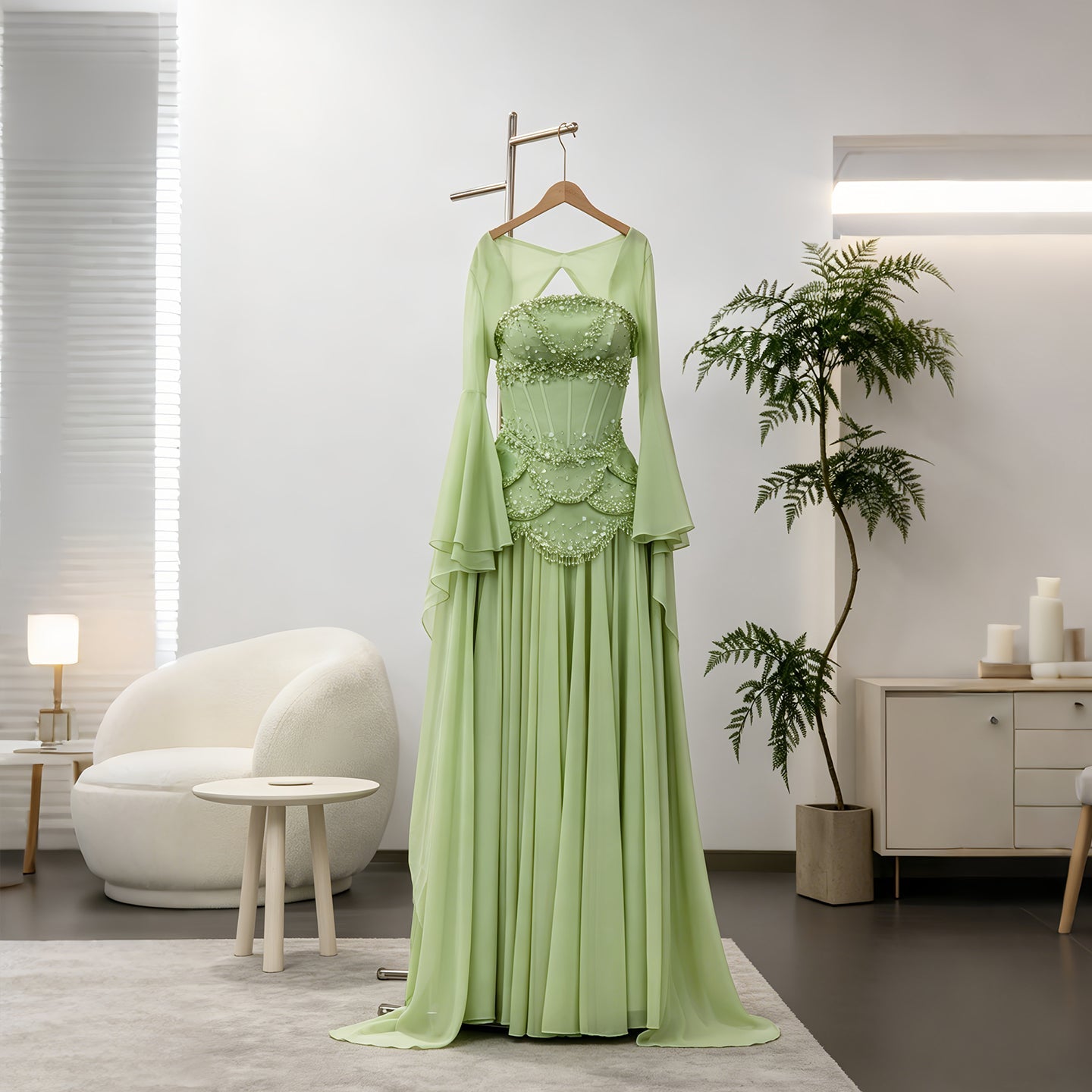 Luxury Sky Blue Beaded Formal Evening Gown with Bell Sleeves SS286 Sheer Fairy