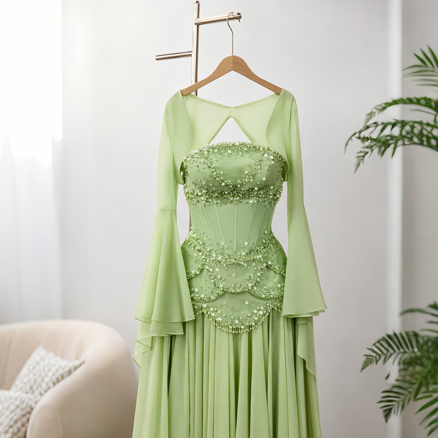 Luxury Sky Blue Beaded Formal Evening Gown with Bell Sleeves SS286 Sheer Fairy