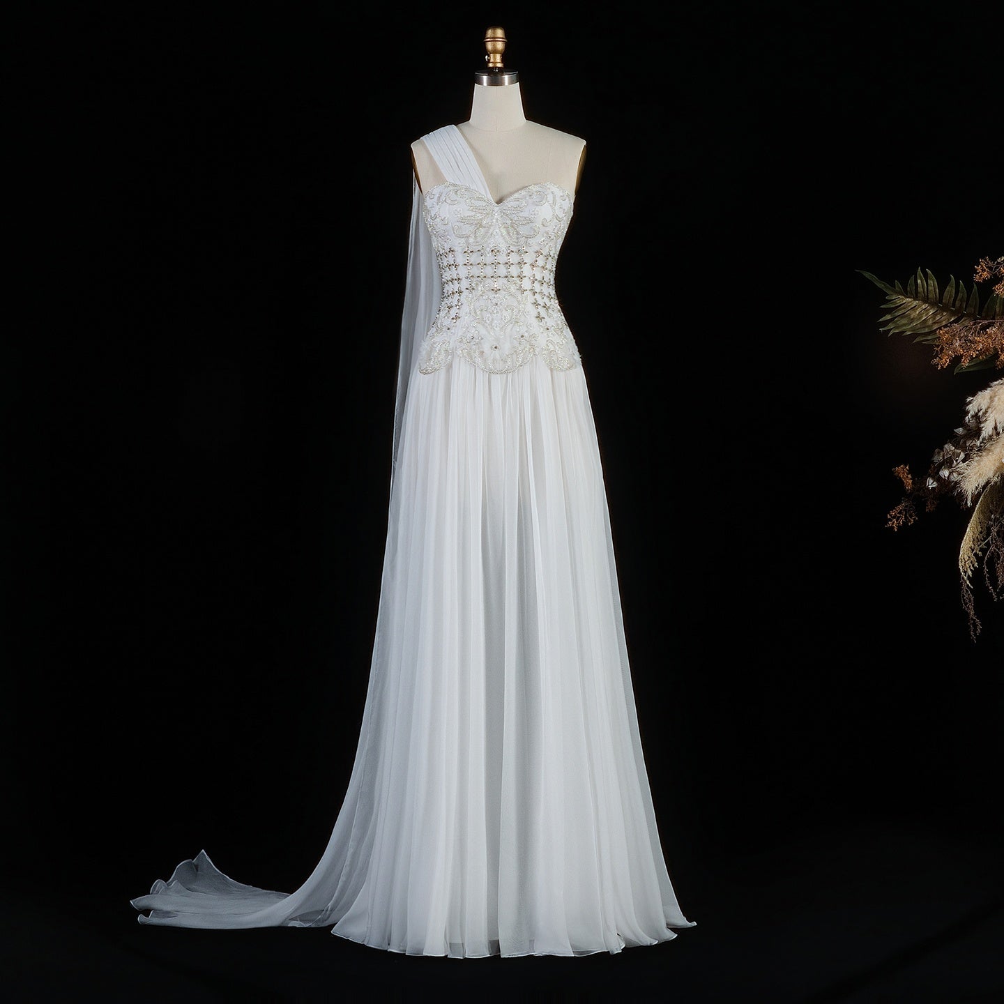 Blush Pink One-Shoulder Beaded Chiffon Evening Dress Gown SS285 Sheer Fairy