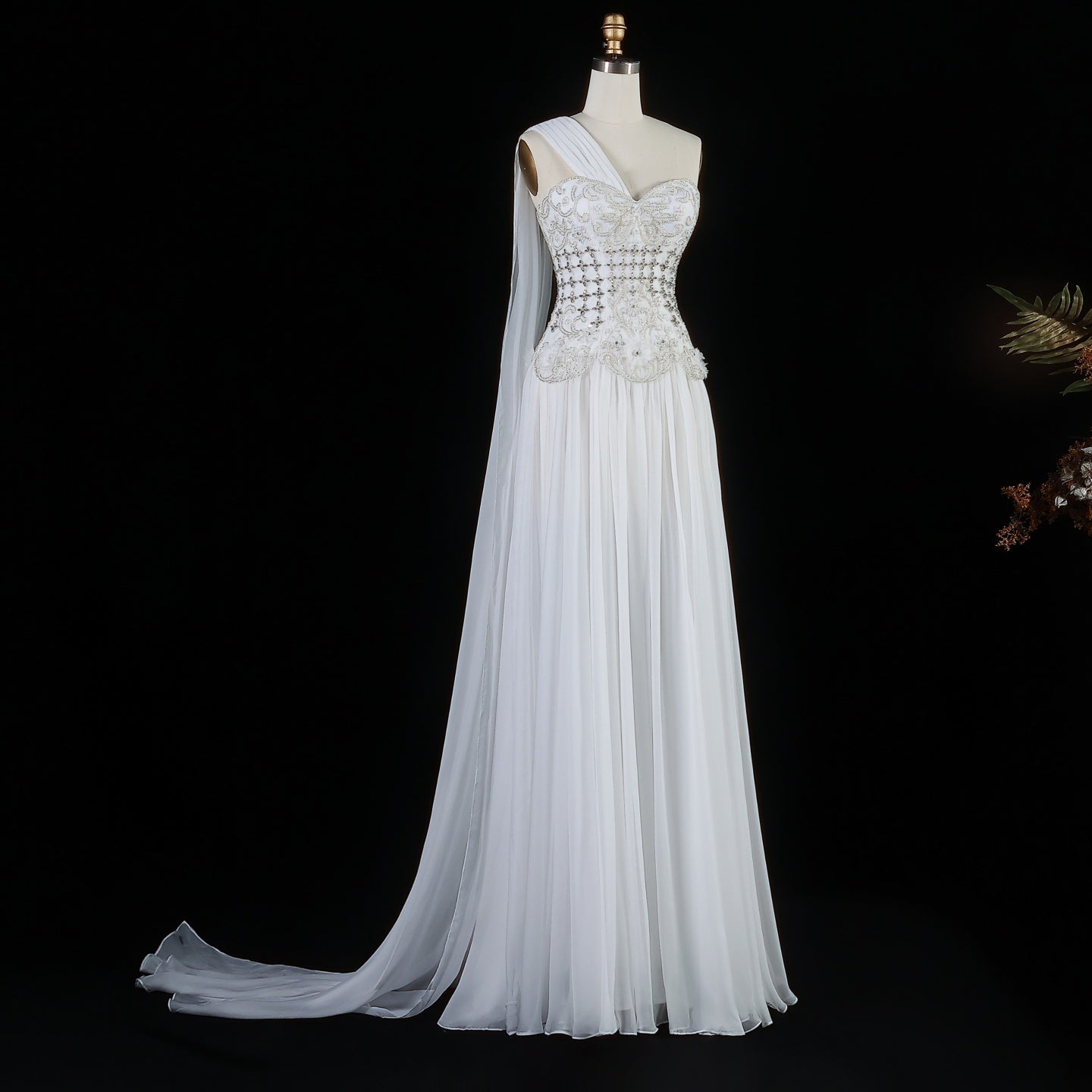 Blush Pink One-Shoulder Beaded Chiffon Evening Dress Gown SS285 Sheer Fairy