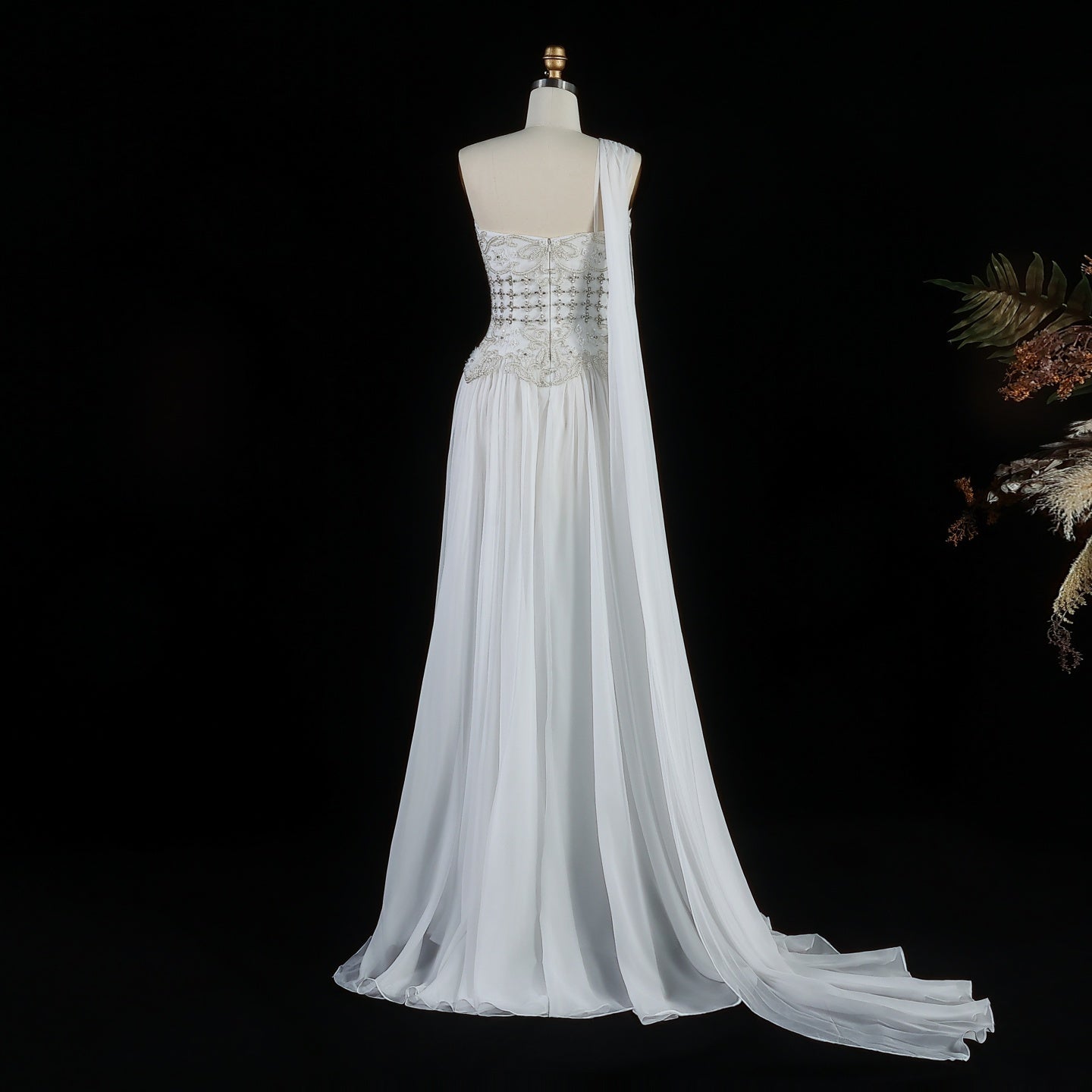 Blush Pink One-Shoulder Beaded Chiffon Evening Dress Gown SS285 Sheer Fairy