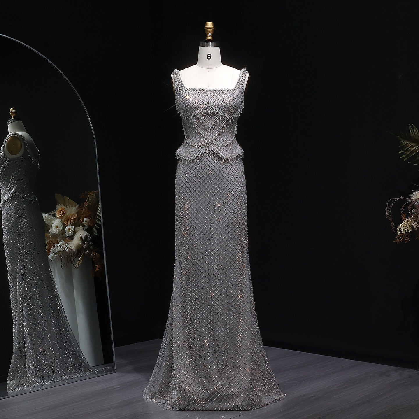 Square Neck Luxury Champagne Crystal Beaded Mermaid Evening Dress SS631 Sheer Fairy
