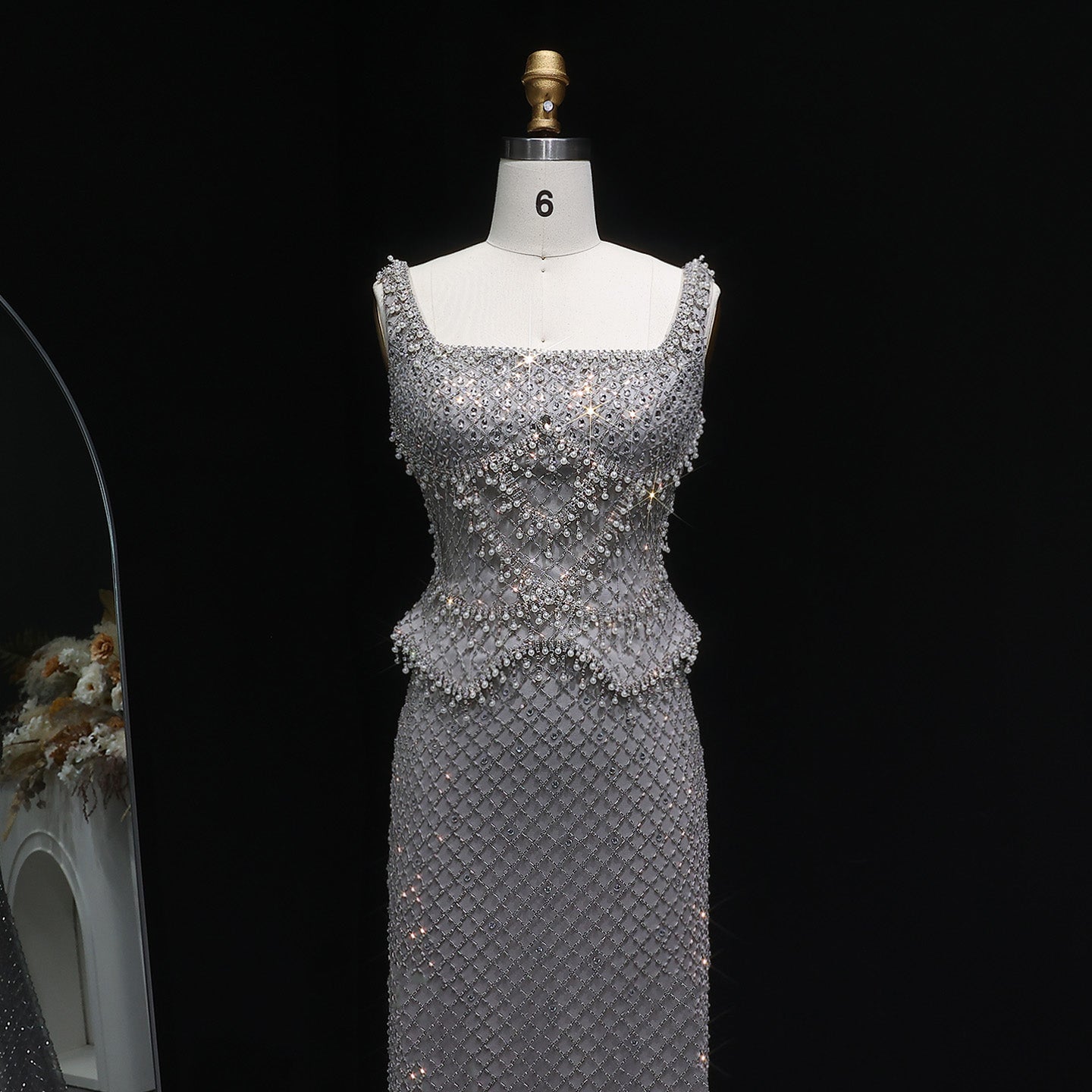 Square Neck Luxury Champagne Crystal Beaded Mermaid Evening Dress SS631 Sheer Fairy