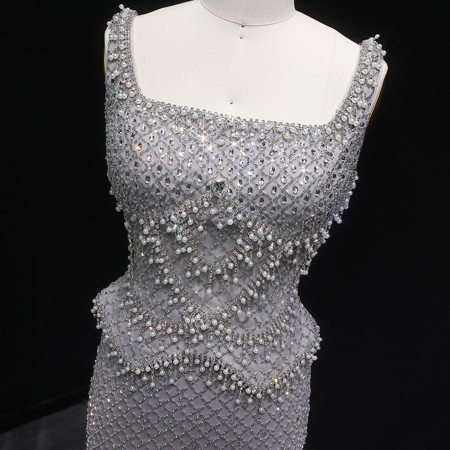 Square Neck Luxury Champagne Crystal Beaded Mermaid Evening Dress SS631 Sheer Fairy