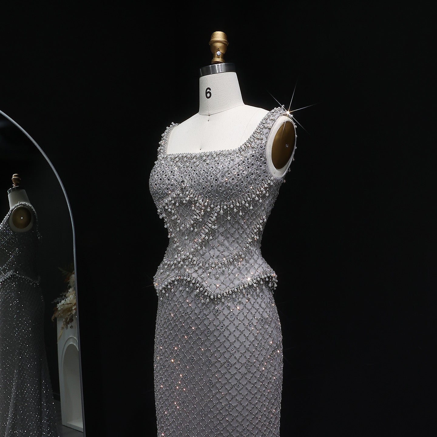 Square Neck Luxury Champagne Crystal Beaded Mermaid Evening Dress SS631 Sheer Fairy